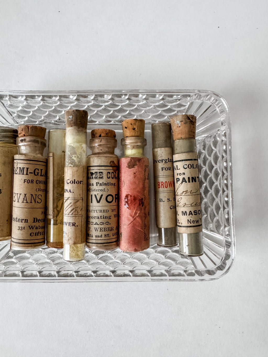 Set Of Glass Art Pigment Vials In Shades Of Yellow With French Glass Dish