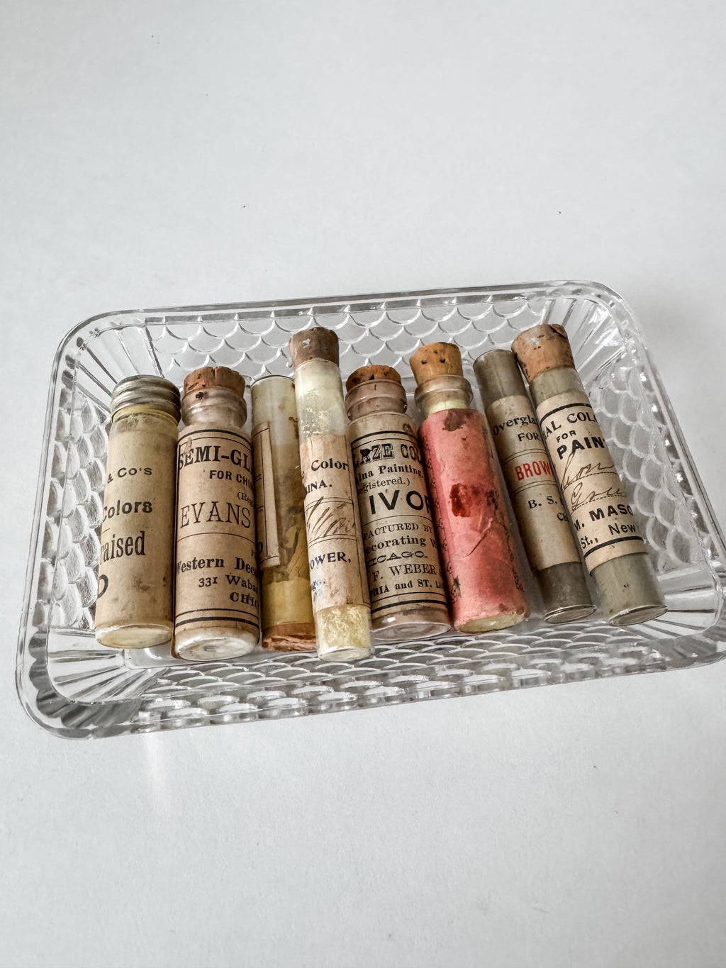 Set Of Glass Art Pigment Vials In Shades Of Yellow With French Glass Dish