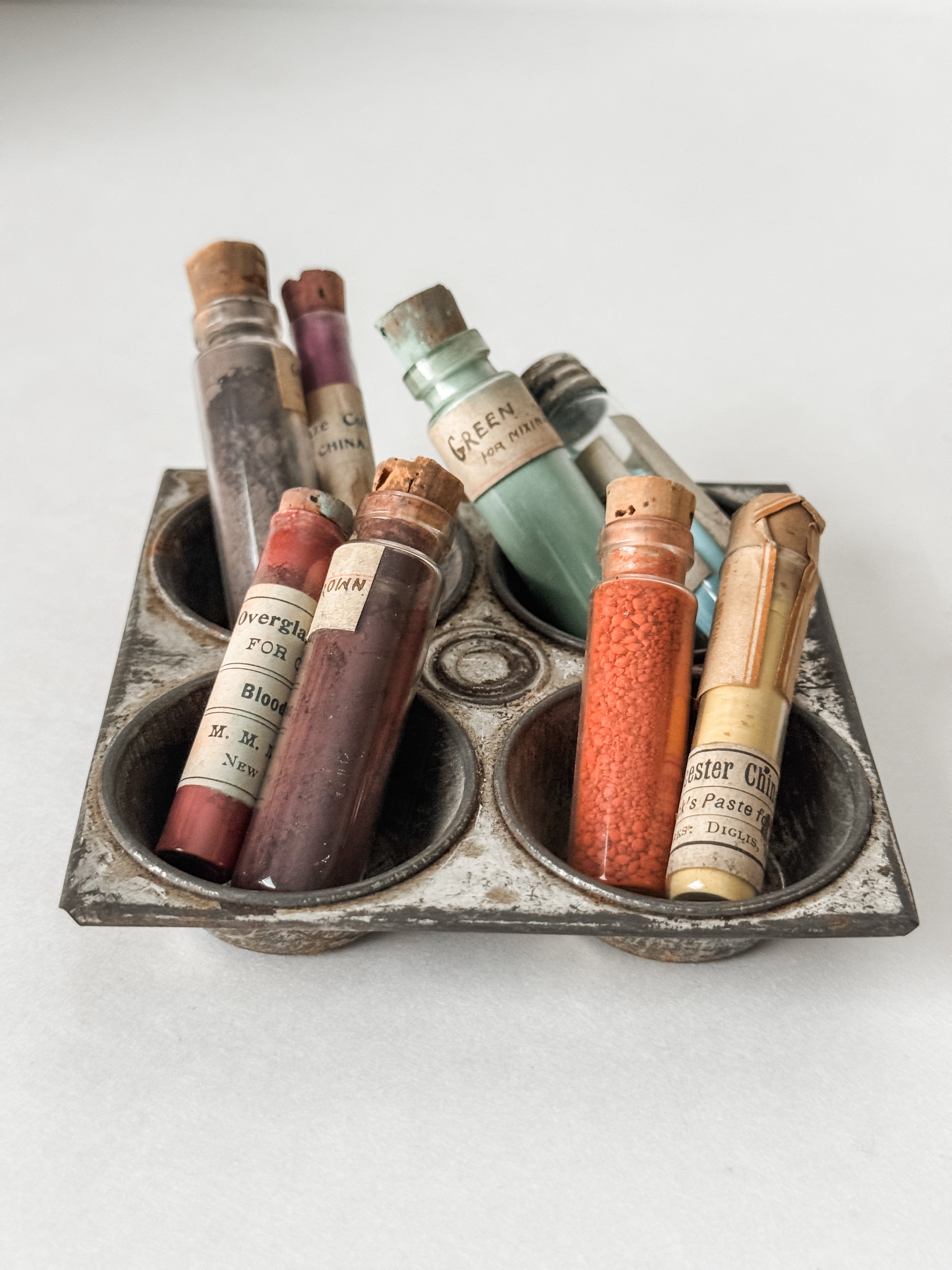 Primitive Metal Tin Vessel With Collection Of Antique Art Pigment Vials