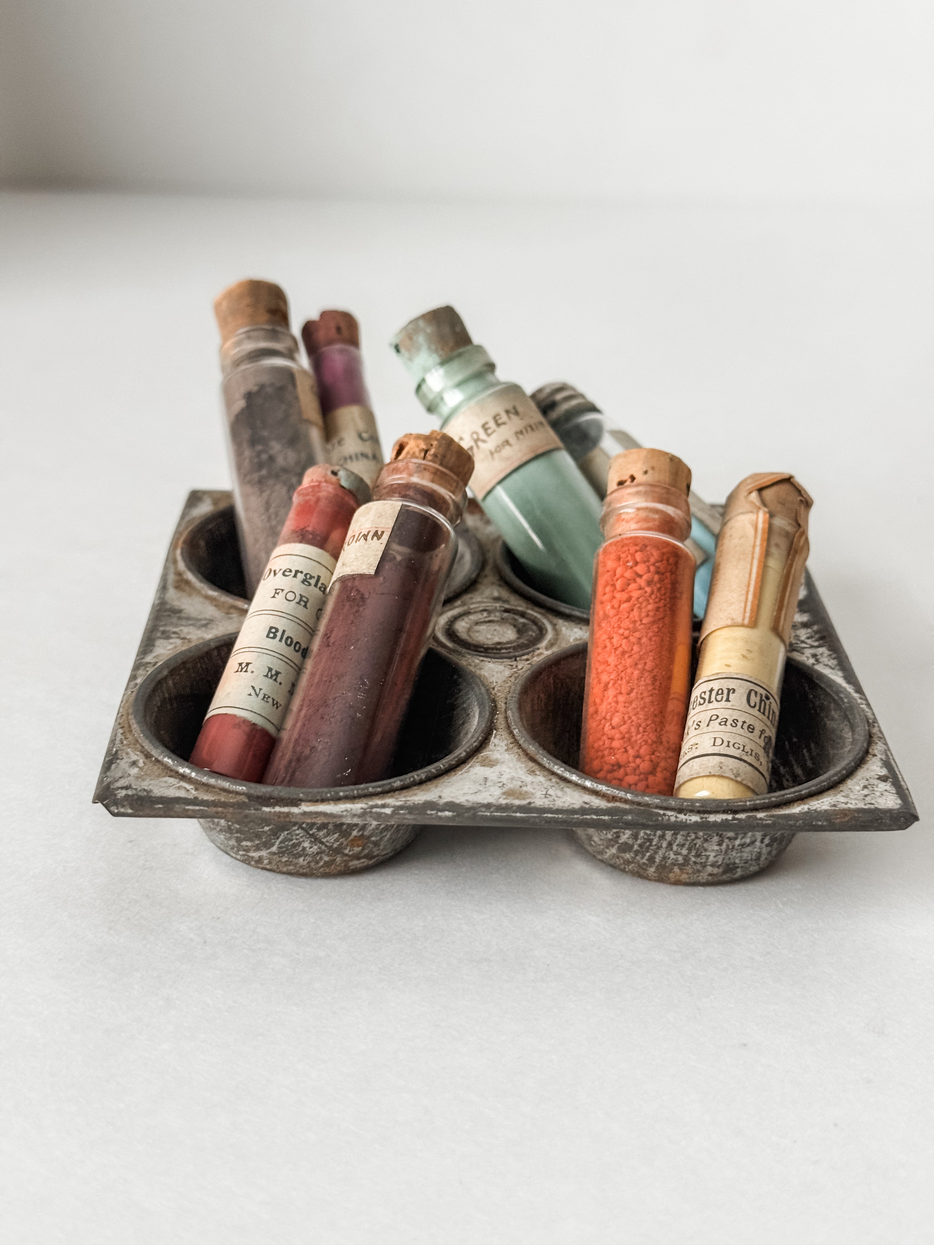 Primitive Metal Tin Vessel With Collection Of Antique Art Pigment Vials