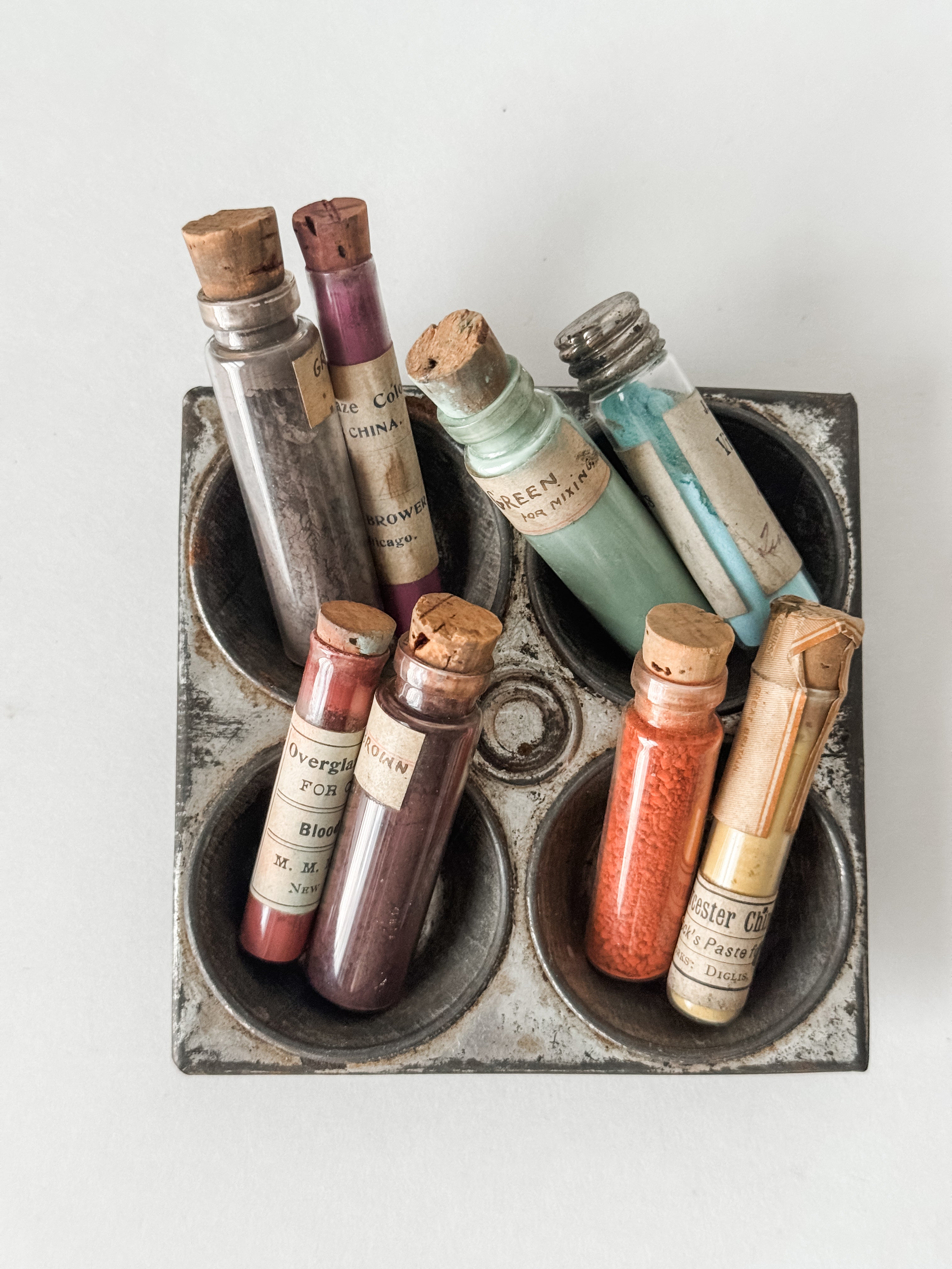 Primitive Metal Tin Vessel With Collection Of Antique Art Pigment Vials