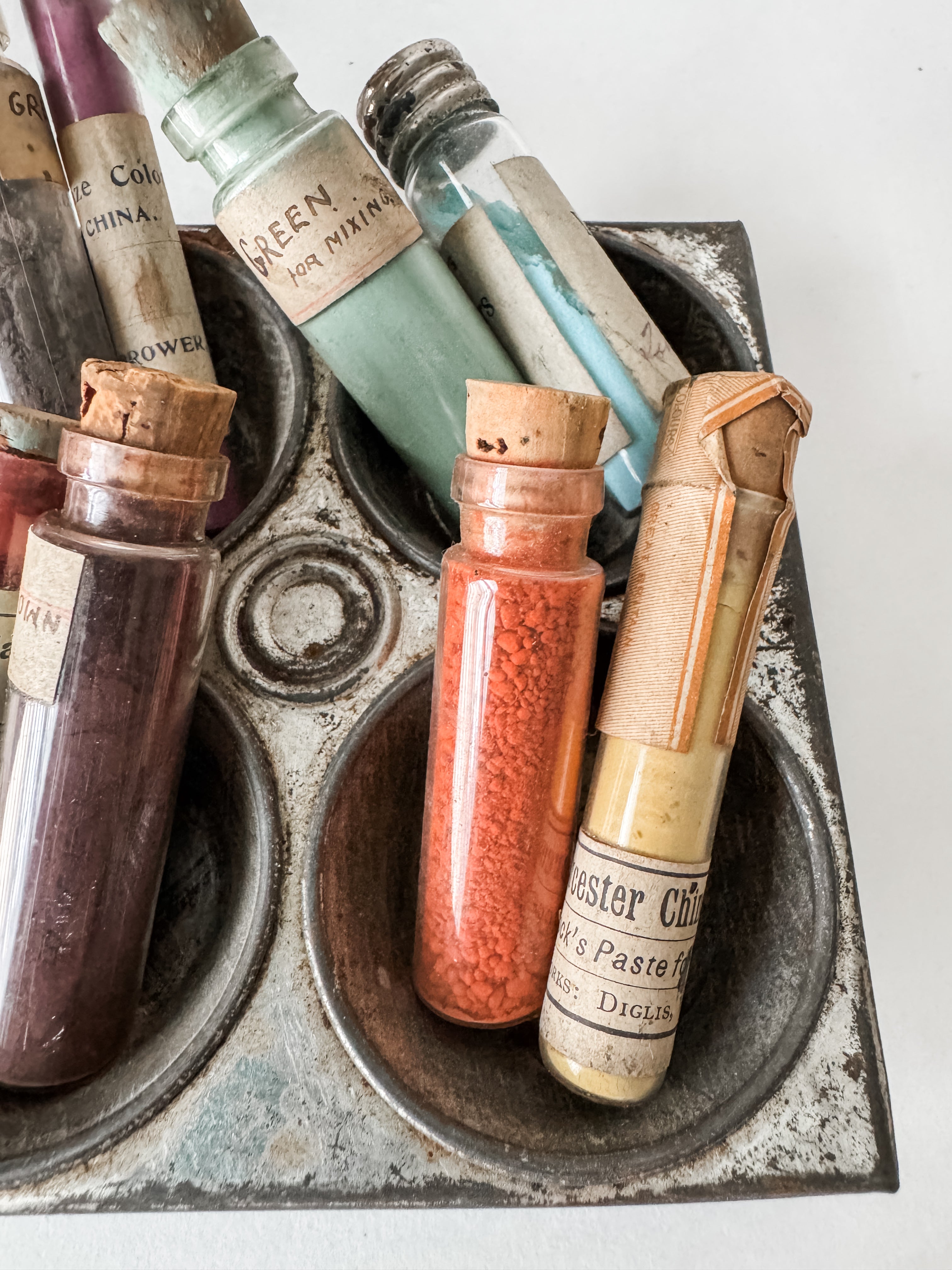 Primitive Metal Tin Vessel With Collection Of Antique Art Pigment Vials