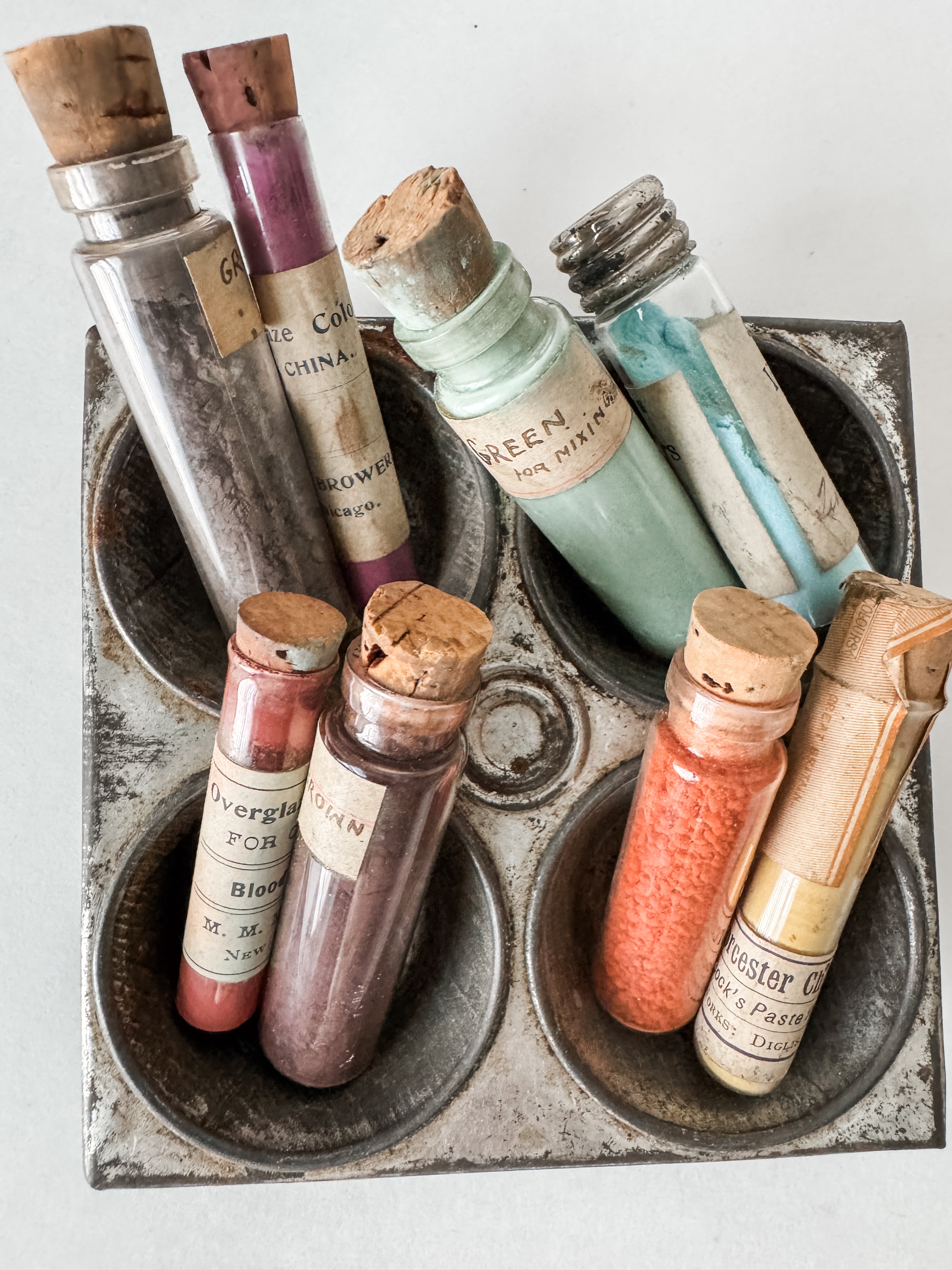 Primitive Metal Tin Vessel With Collection Of Antique Art Pigment Vials