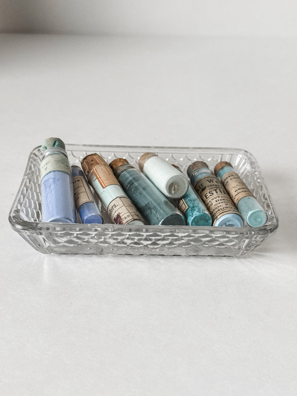 Set Of Glass Art Pigment Vials In Shades Of Blue With French Glass Dish