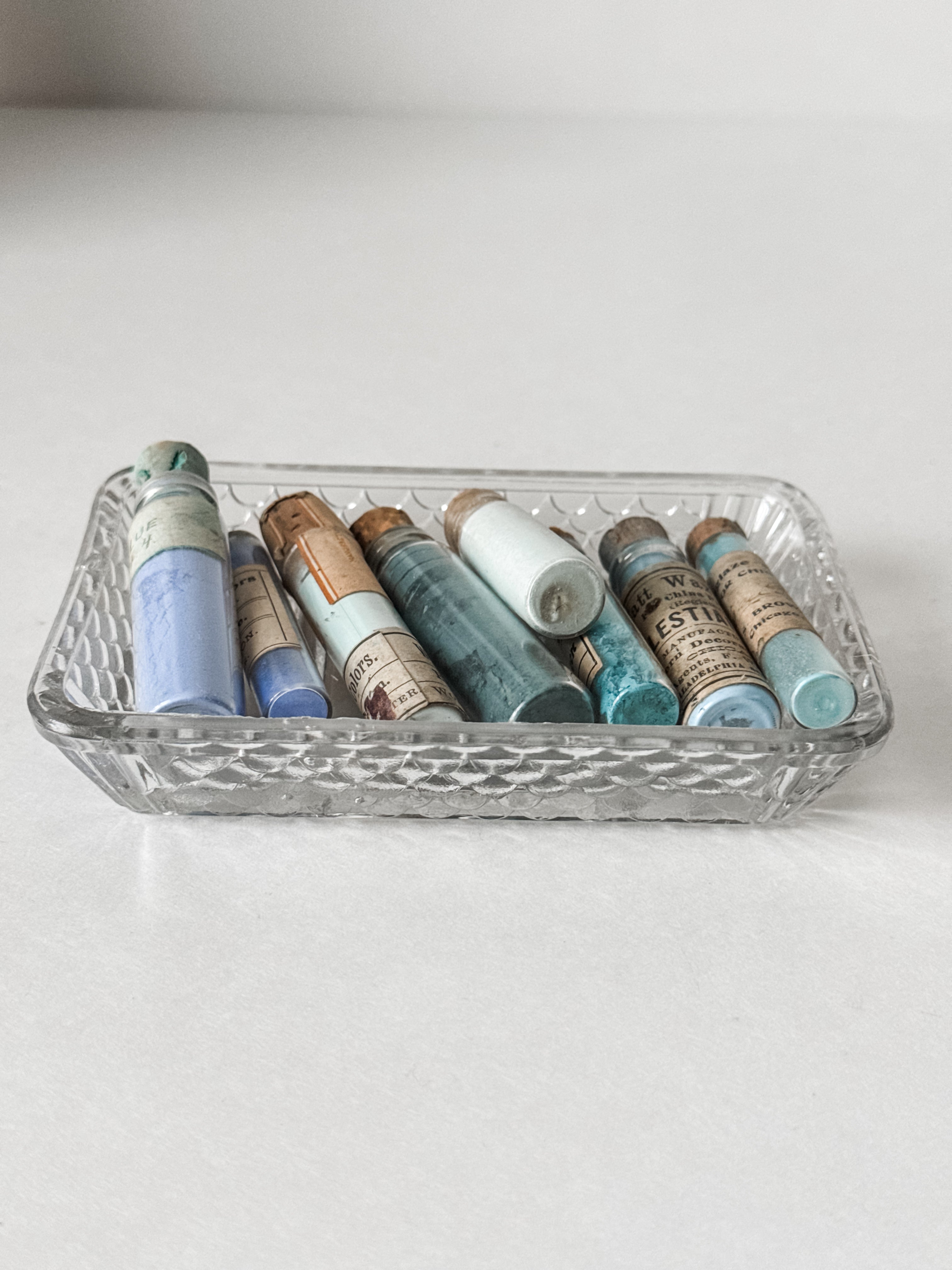 Set Of Glass Art Pigment Vials In Shades Of Blue With French Glass Dish