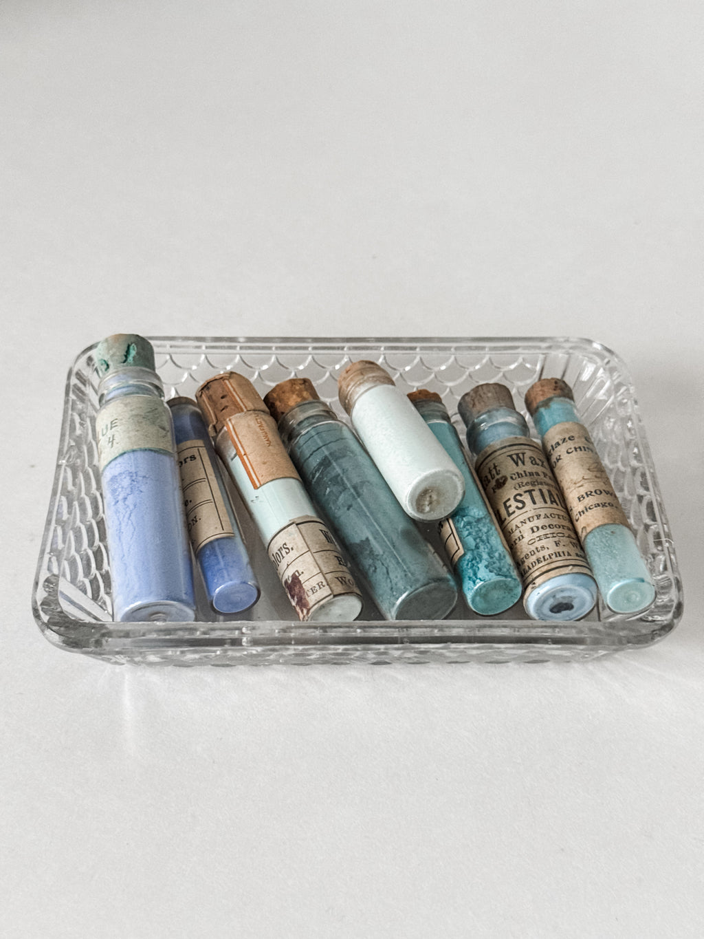 Set Of Glass Art Pigment Vials In Shades Of Blue With French Glass Dish