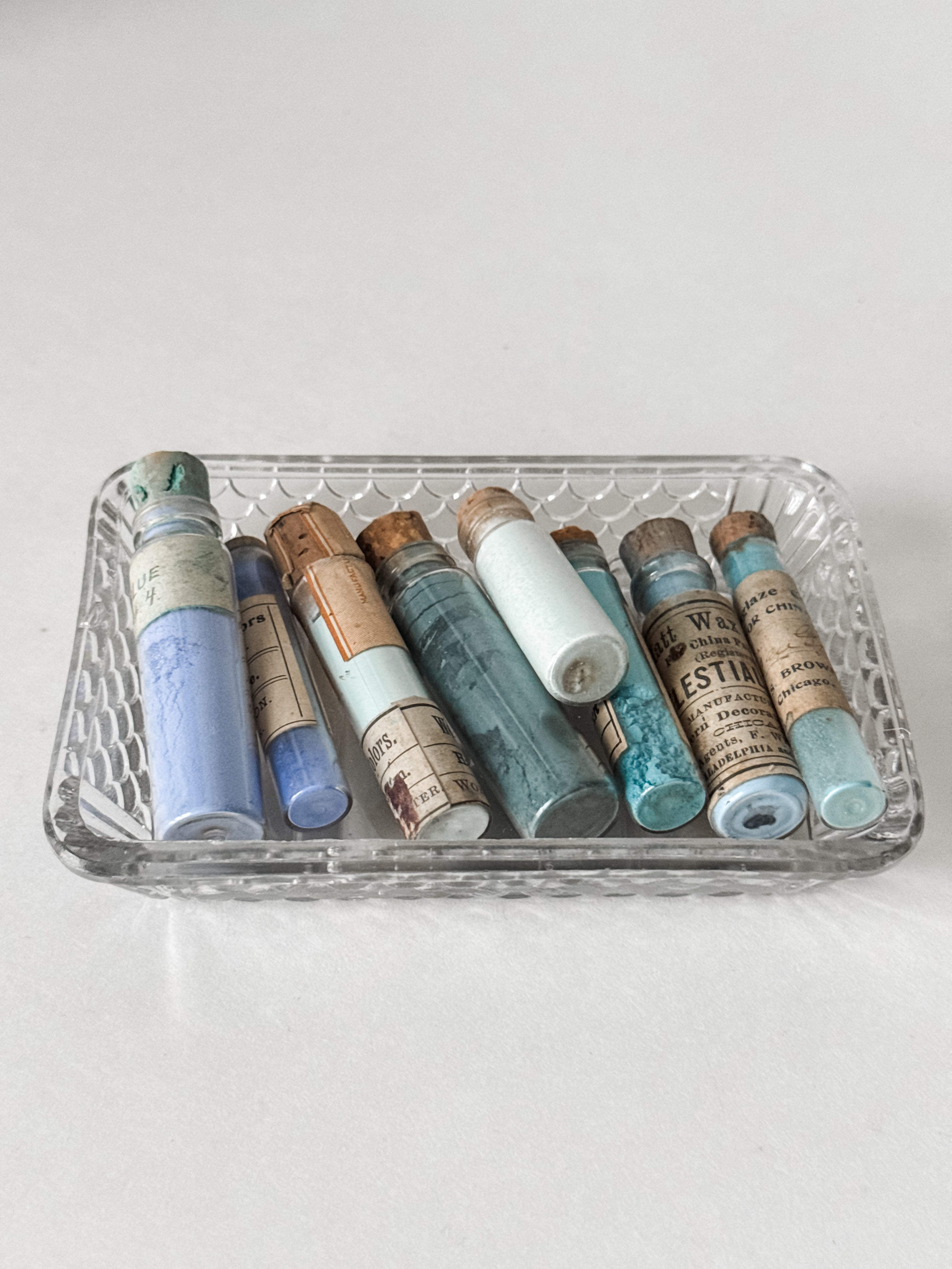 Set Of Glass Art Pigment Vials In Shades Of Blue With French Glass Dish