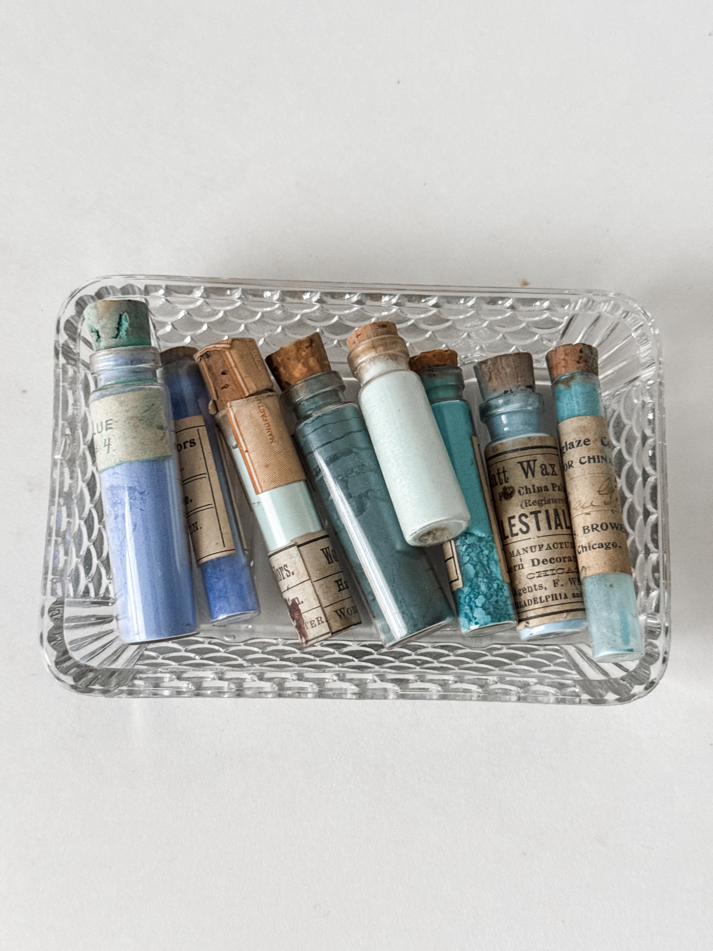 Set Of Glass Art Pigment Vials In Shades Of Blue With French Glass Dish
