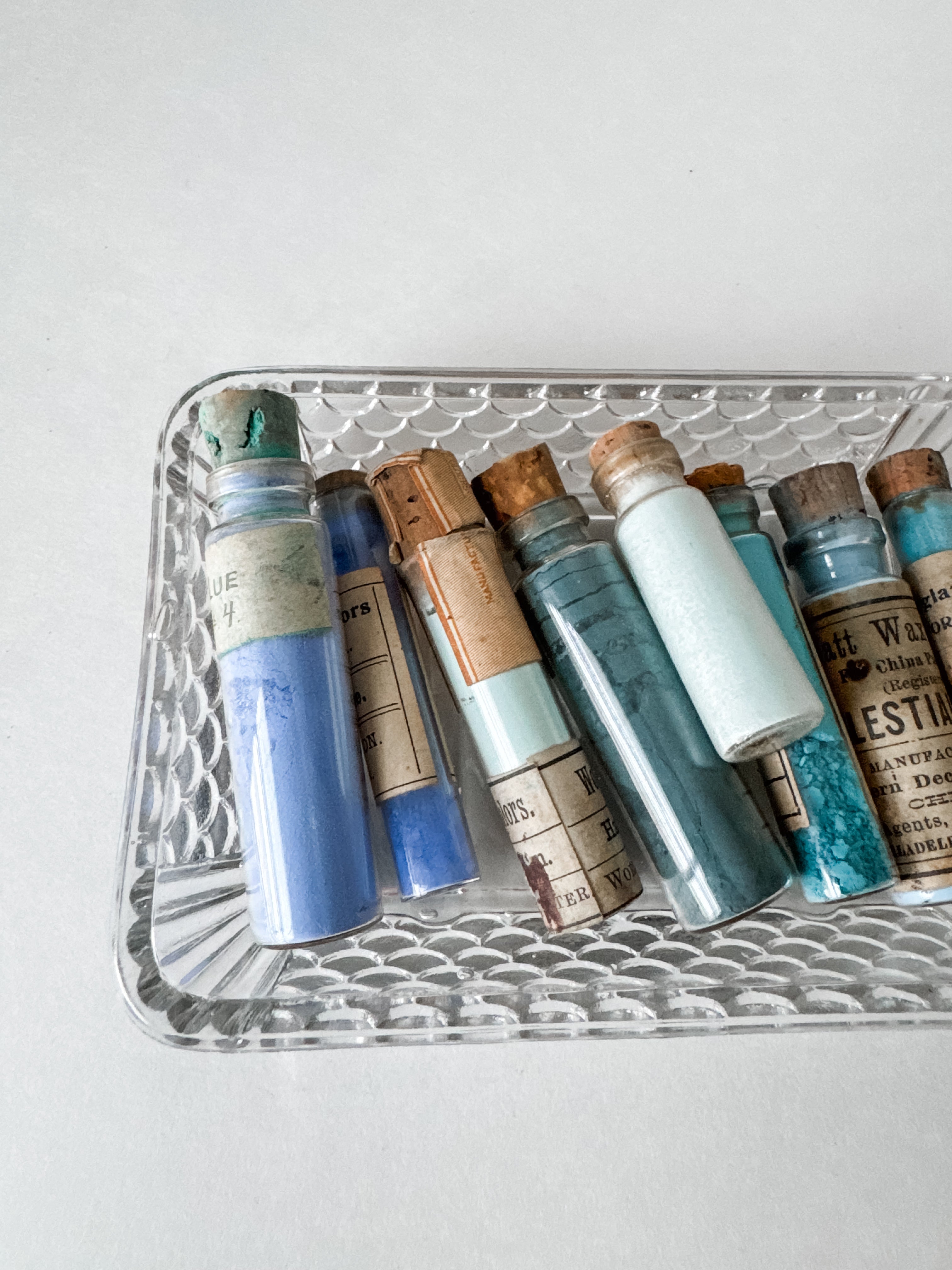 Set Of Glass Art Pigment Vials In Shades Of Blue With French Glass Dish