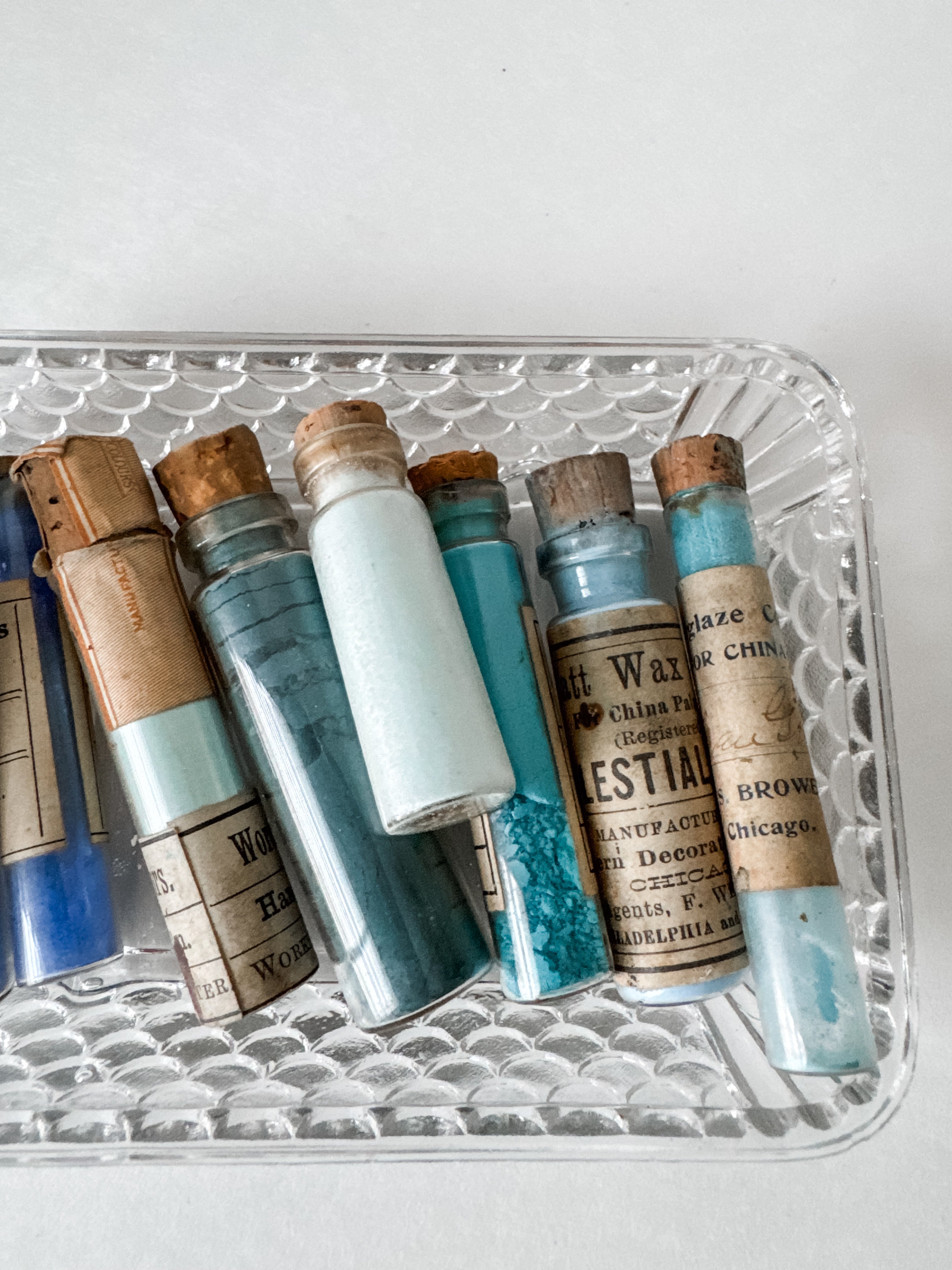 Set Of Glass Art Pigment Vials In Shades Of Blue With French Glass Dish
