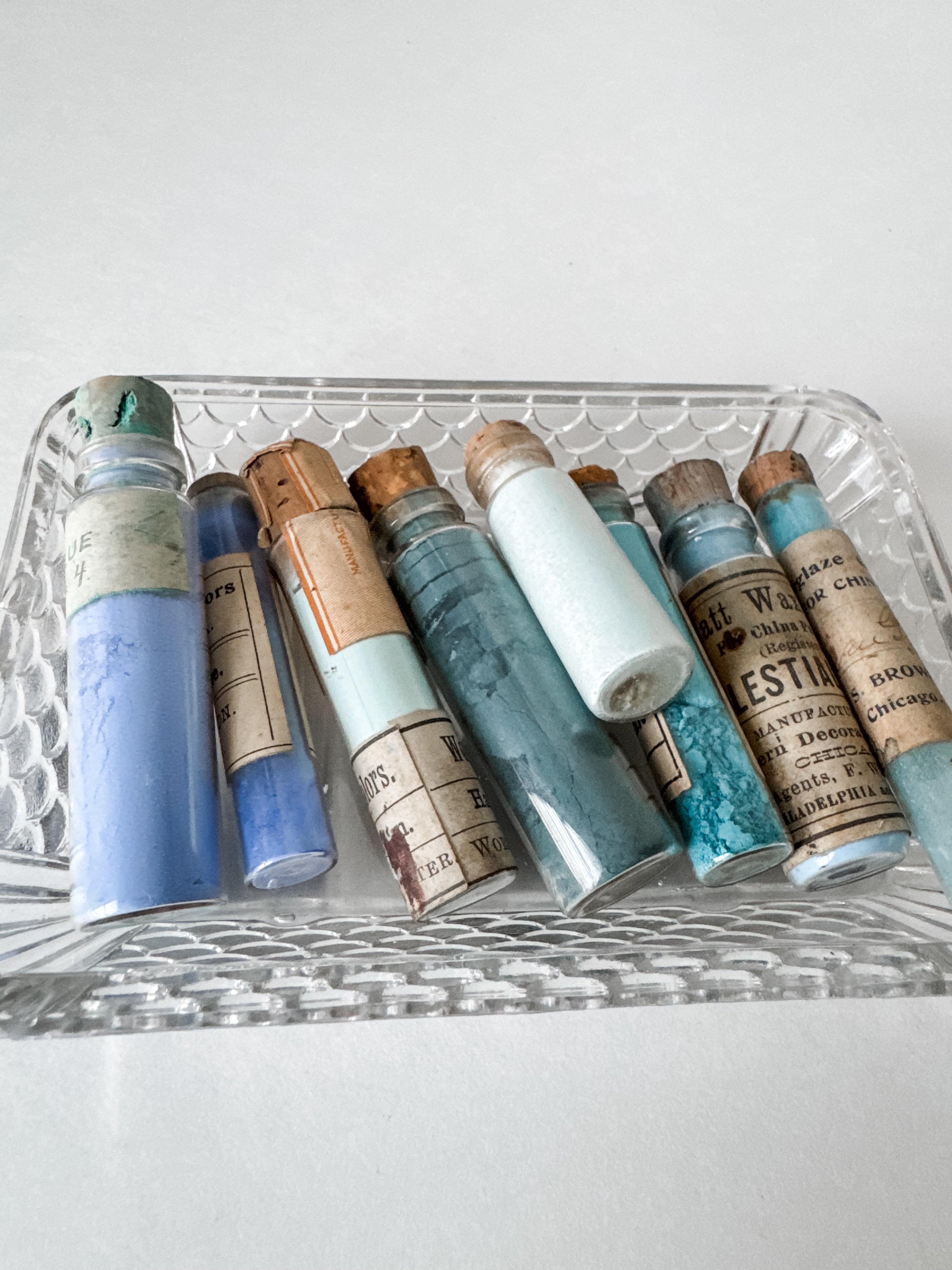 Set Of Glass Art Pigment Vials In Shades Of Blue With French Glass Dish