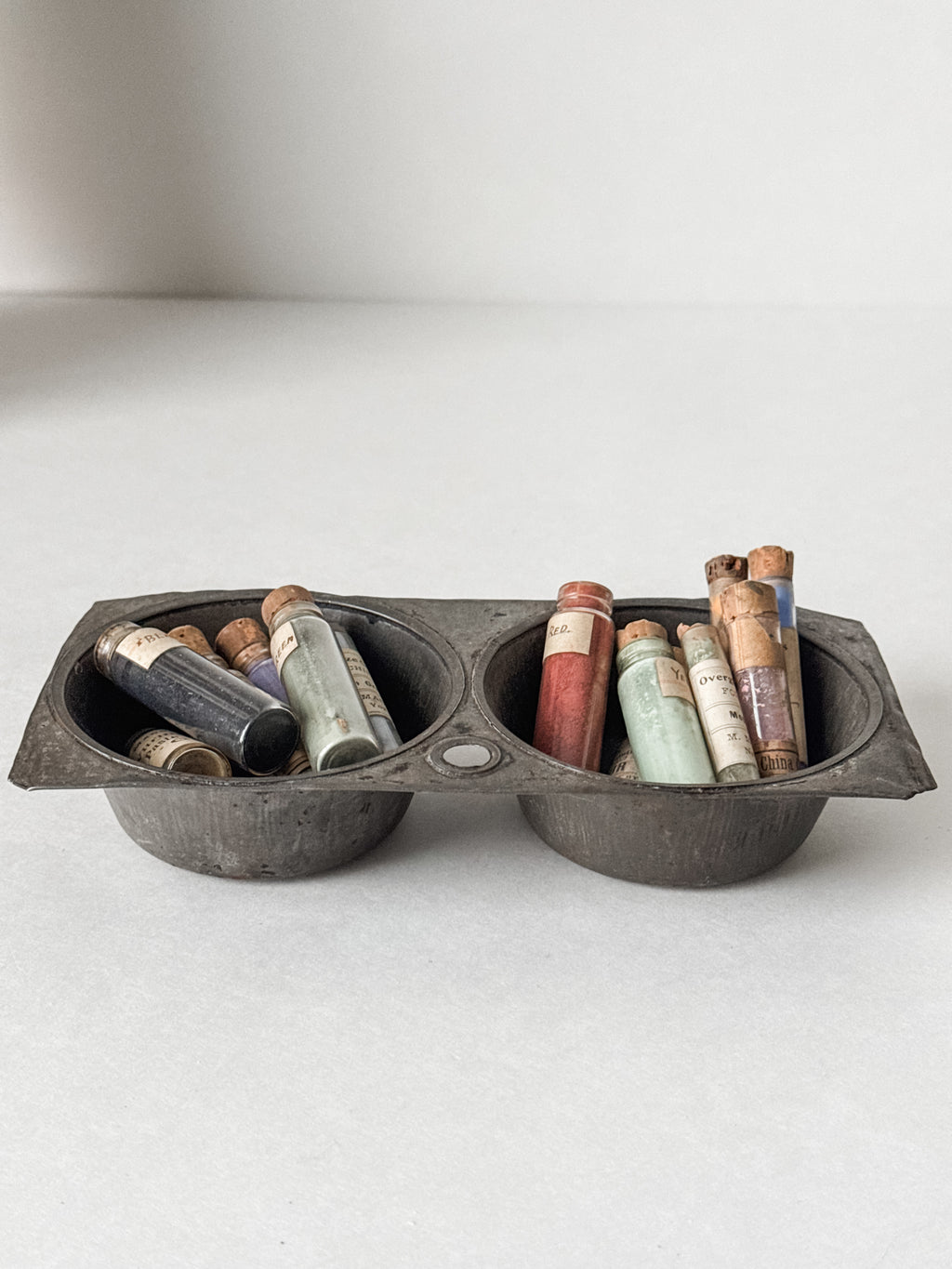 Primitive Vintage Tin Vessel With Collection Of Antique Art Pigment Vials