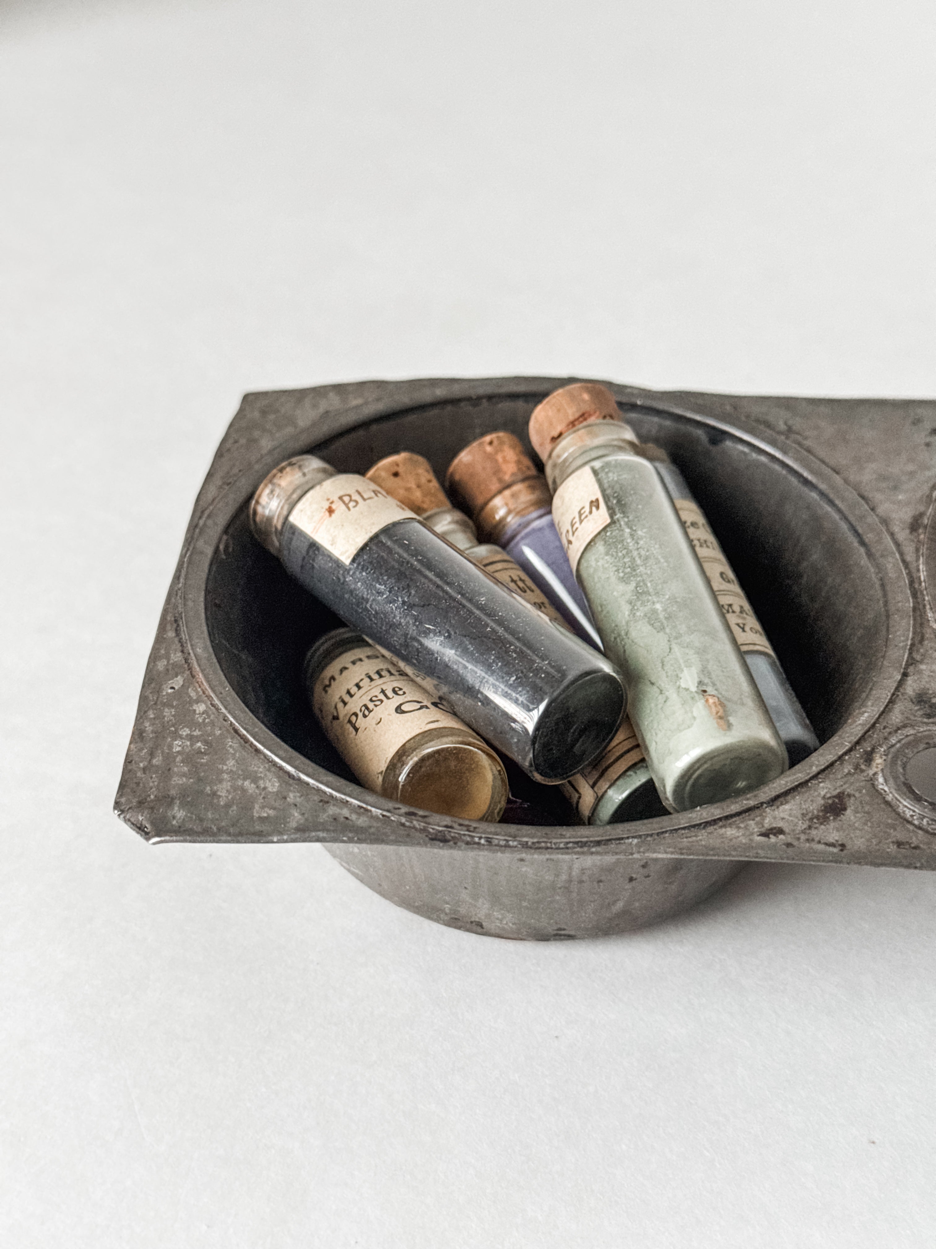 Primitive Vintage Tin Vessel With Collection Of Antique Art Pigment Vials