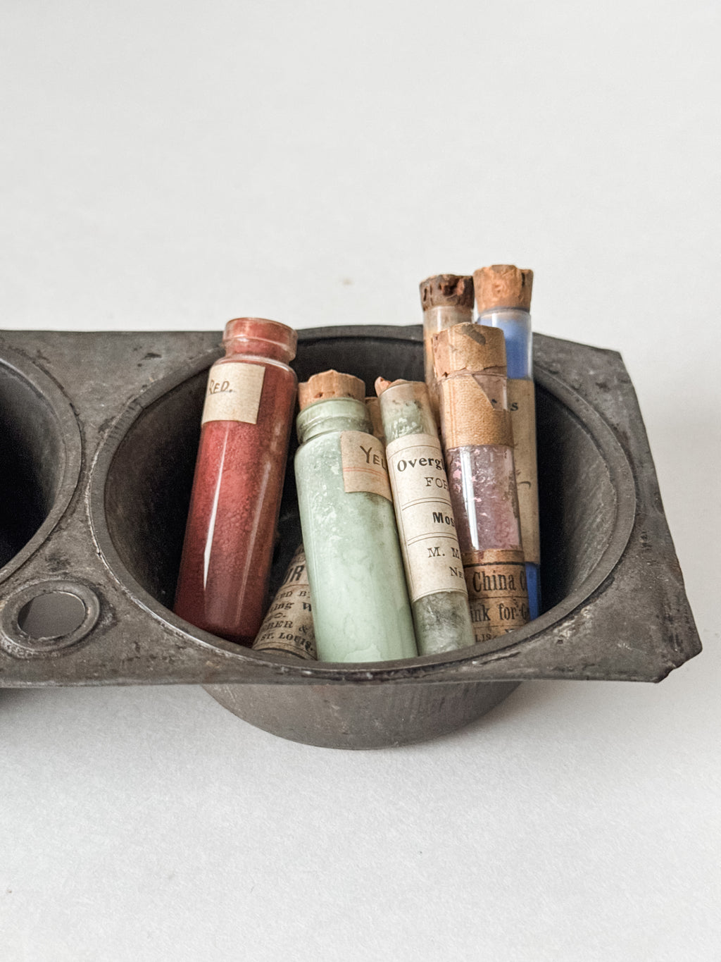 Primitive Vintage Tin Vessel With Collection Of Antique Art Pigment Vials