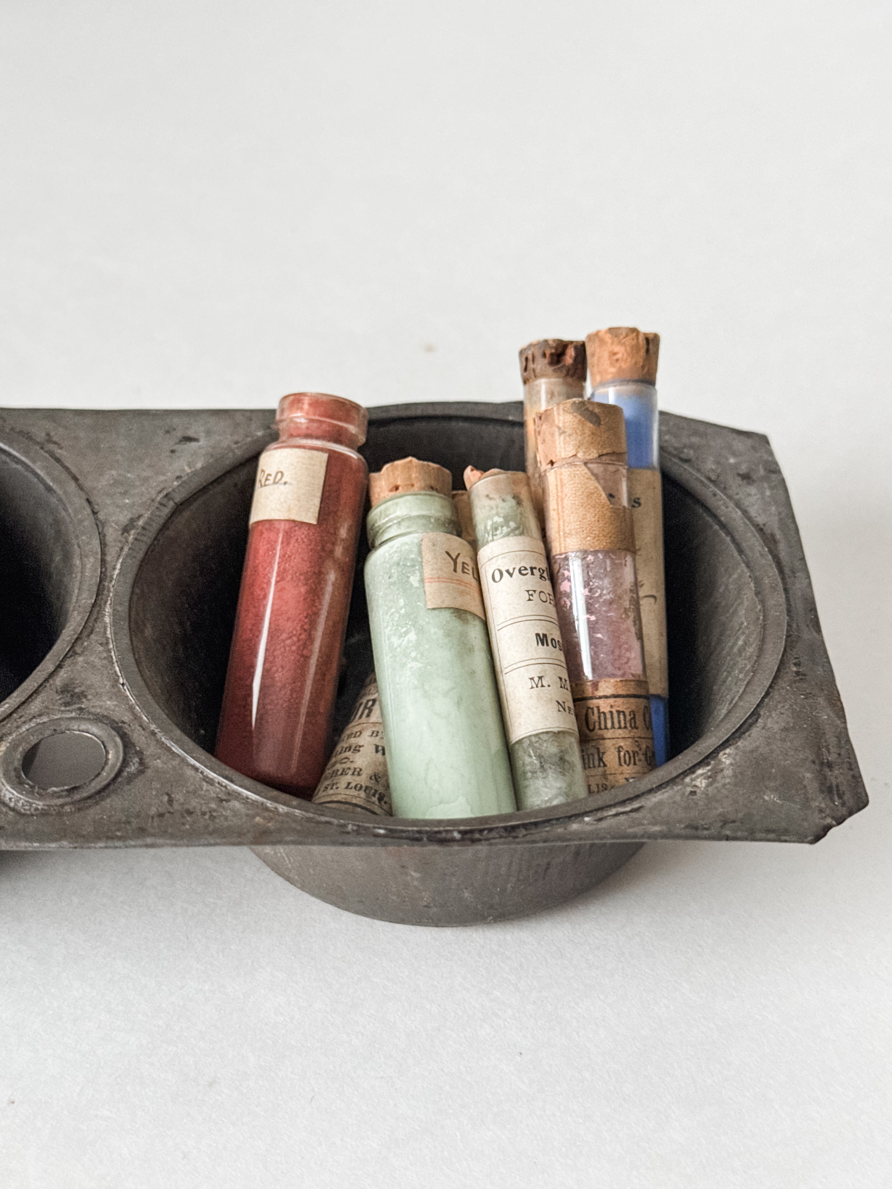 Primitive Vintage Tin Vessel With Collection Of Antique Art Pigment Vials