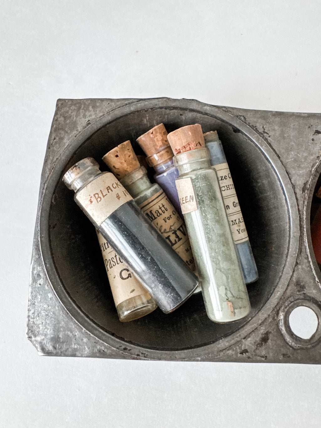 Primitive Vintage Tin Vessel With Collection Of Antique Art Pigment Vials