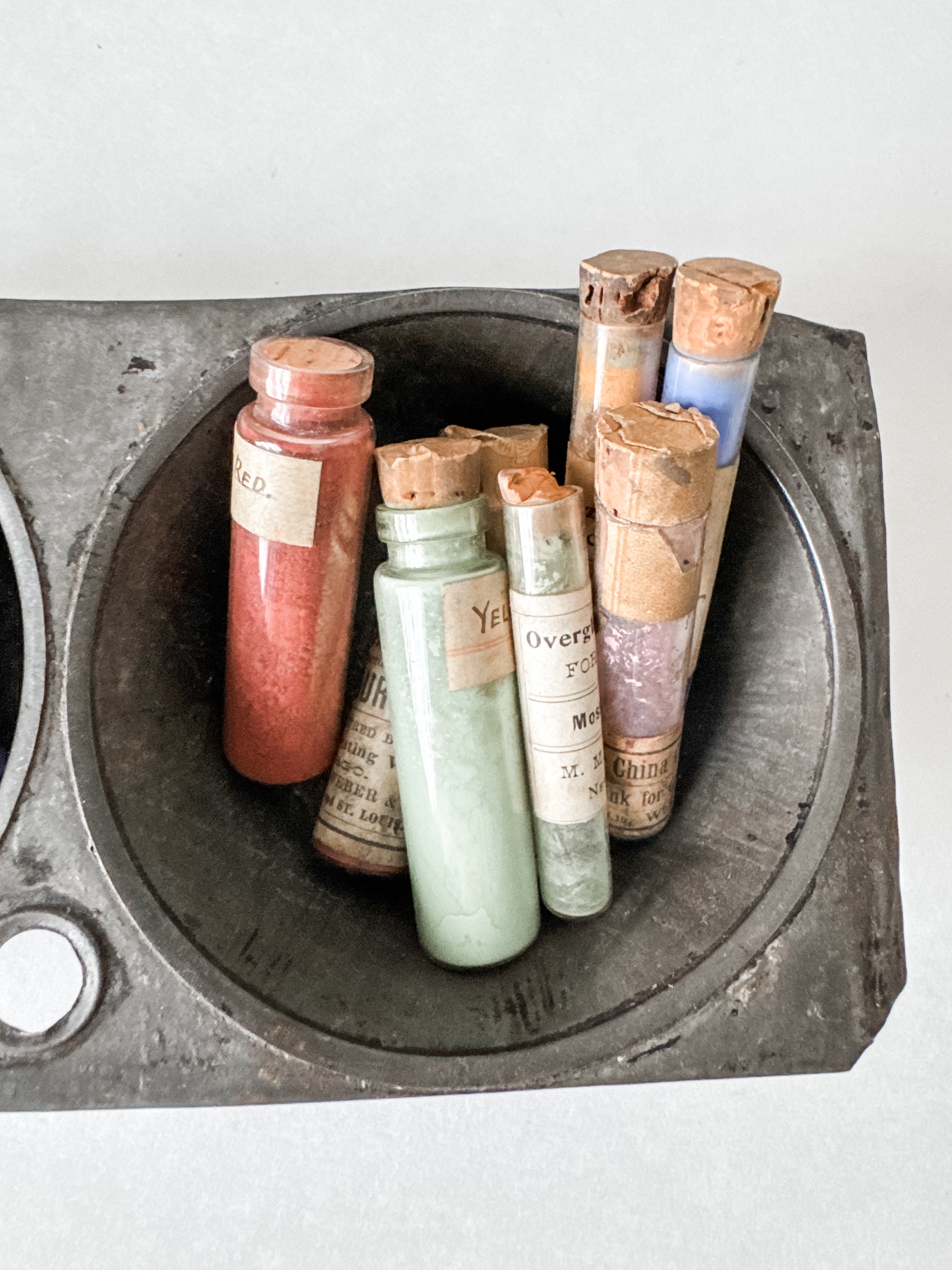 Primitive Vintage Tin Vessel With Collection Of Antique Art Pigment Vials