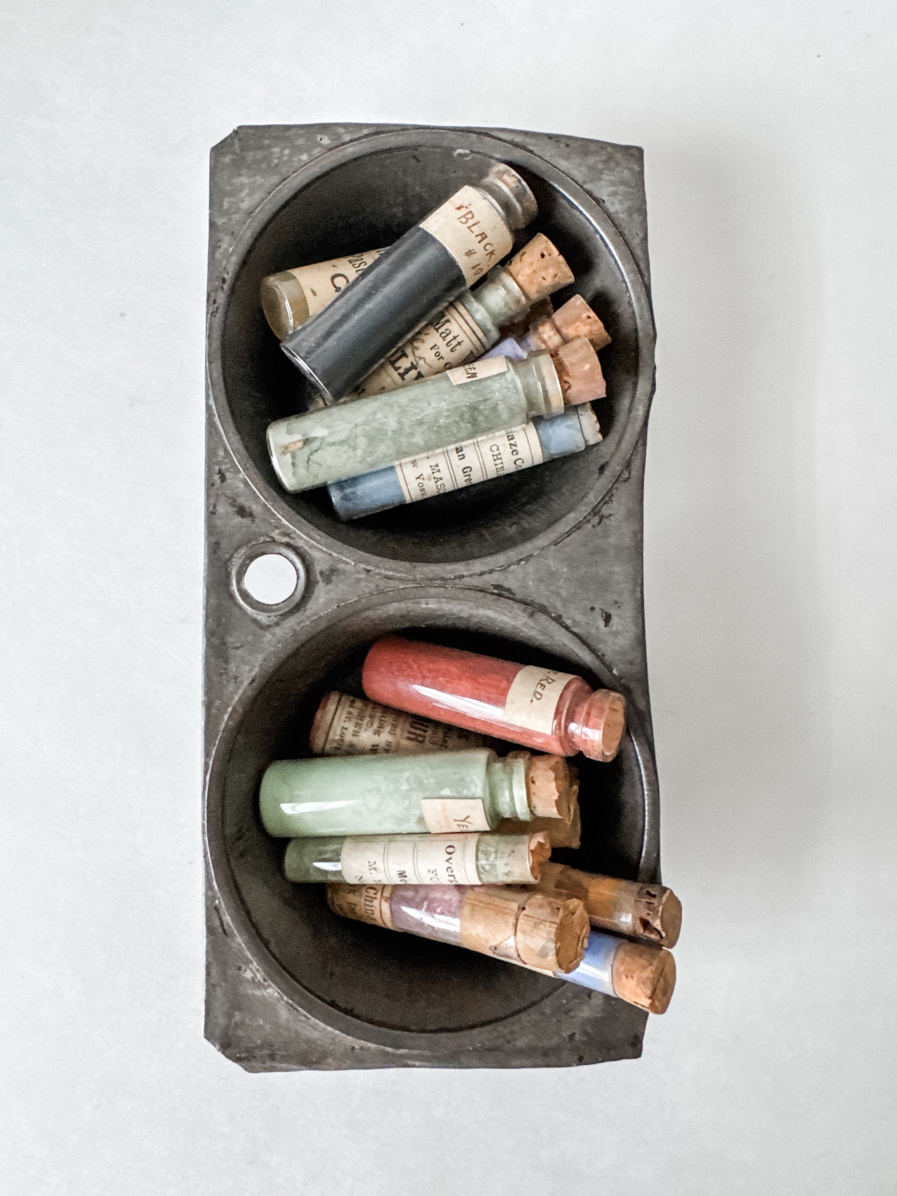 Primitive Vintage Tin Vessel With Collection Of Antique Art Pigment Vials