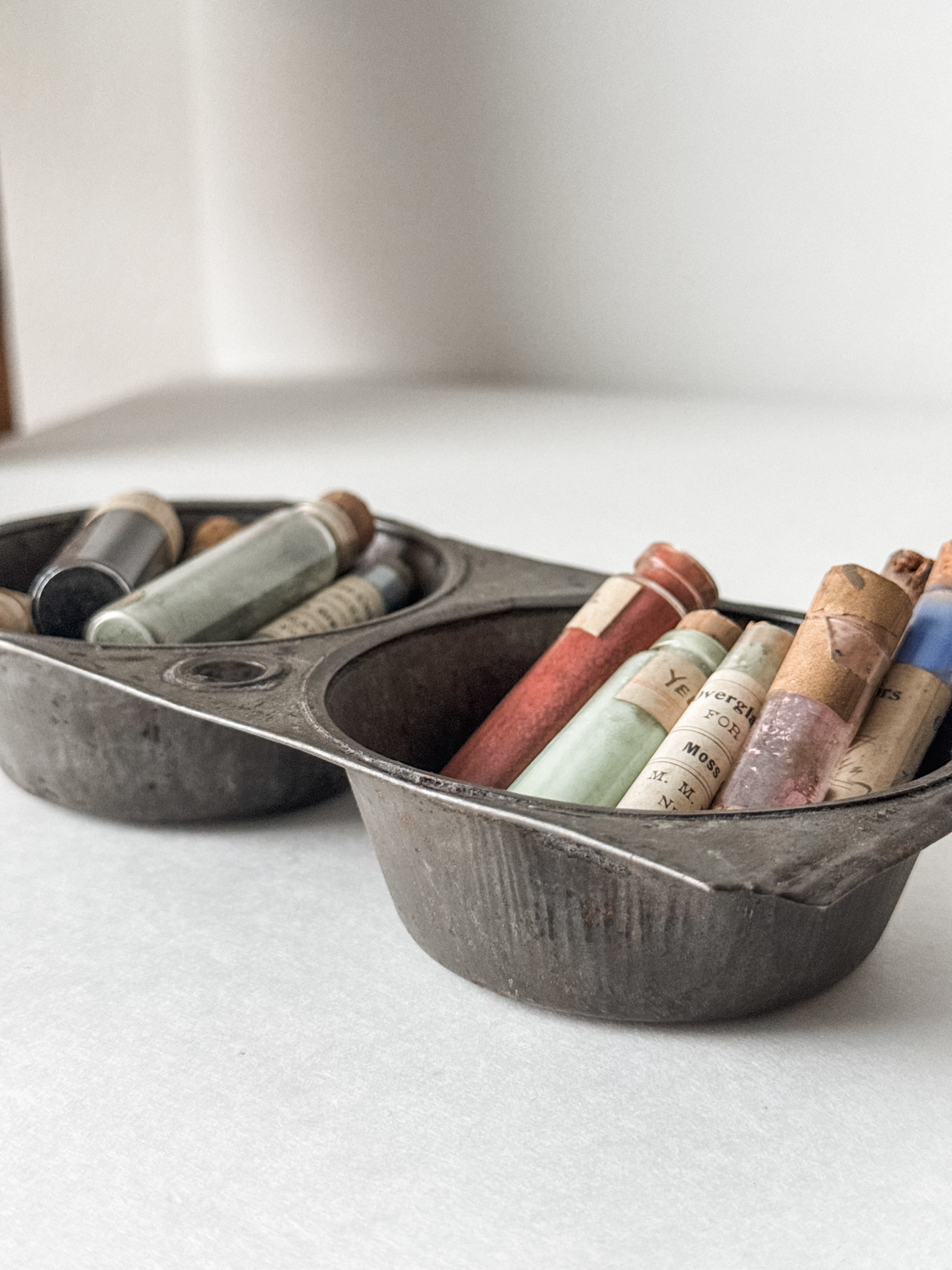 Primitive Vintage Tin Vessel With Collection Of Antique Art Pigment Vials