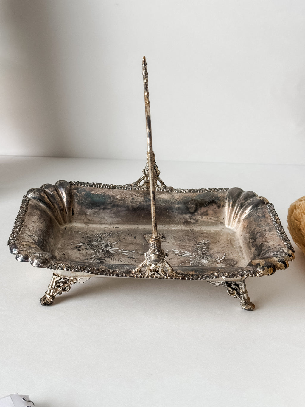 Vintage Silver Footed Dish With Handle And Patina