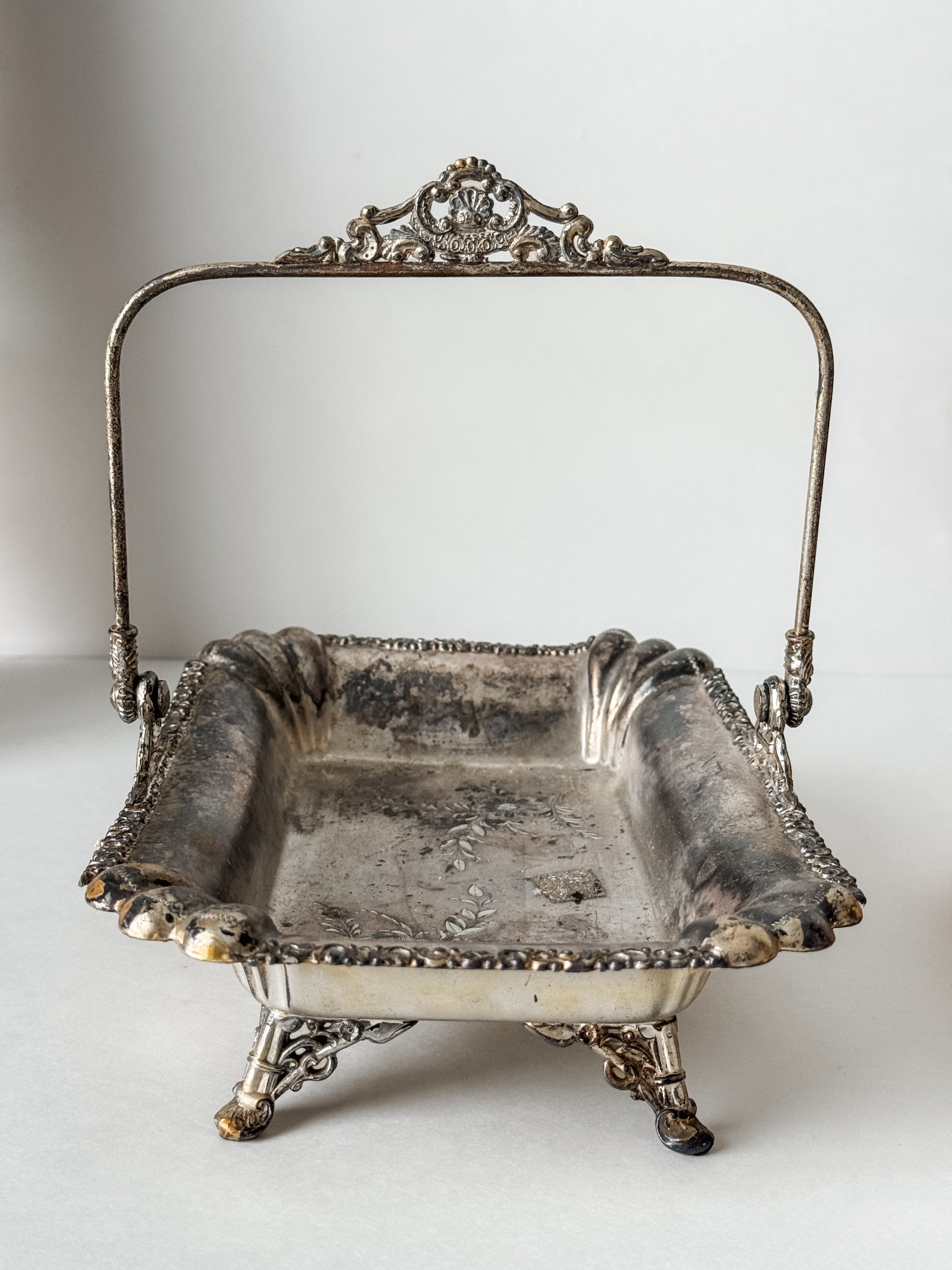 Vintage Silver Footed Dish With Handle And Patina