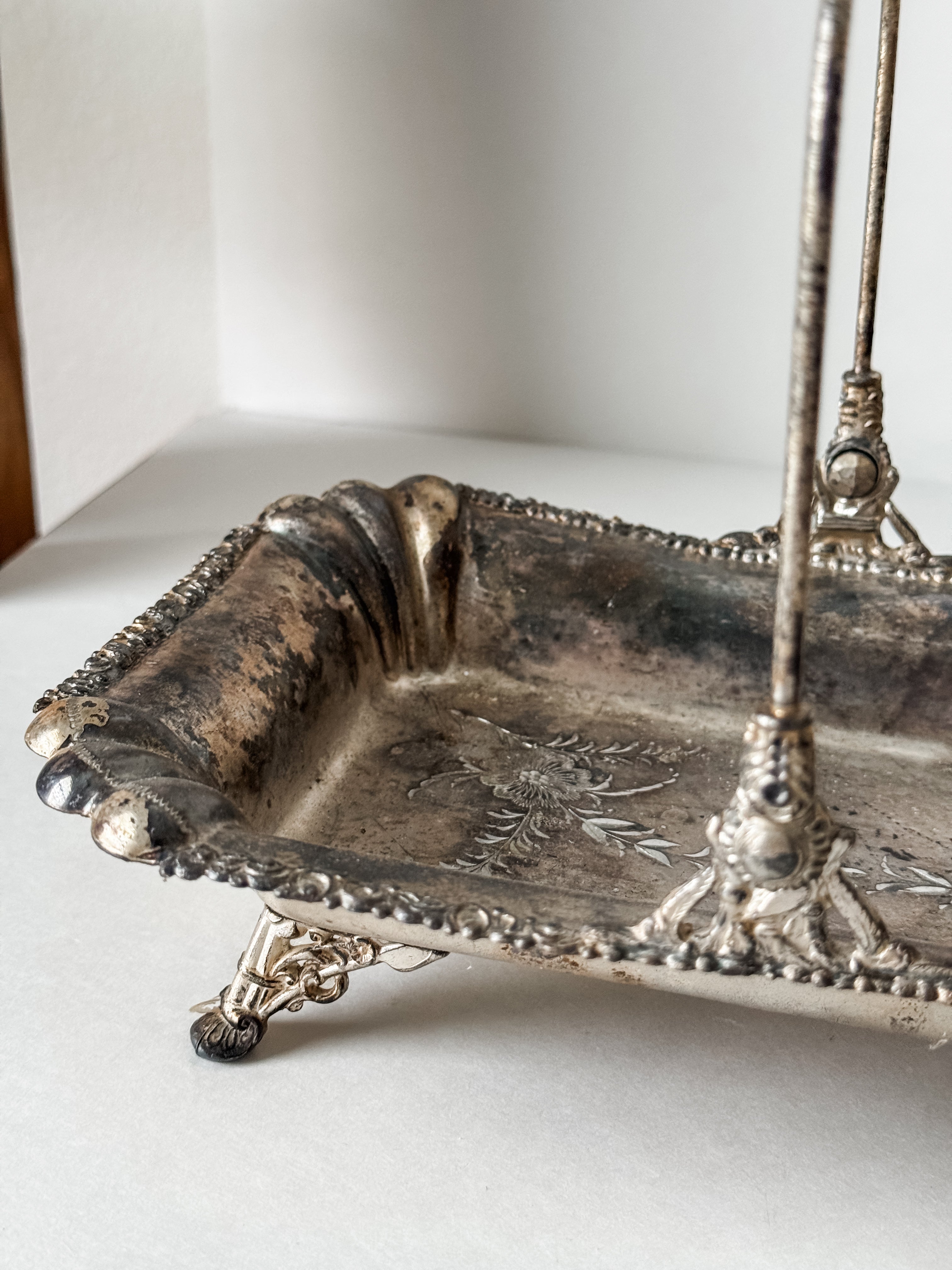 Vintage Silver Footed Dish With Handle And Patina