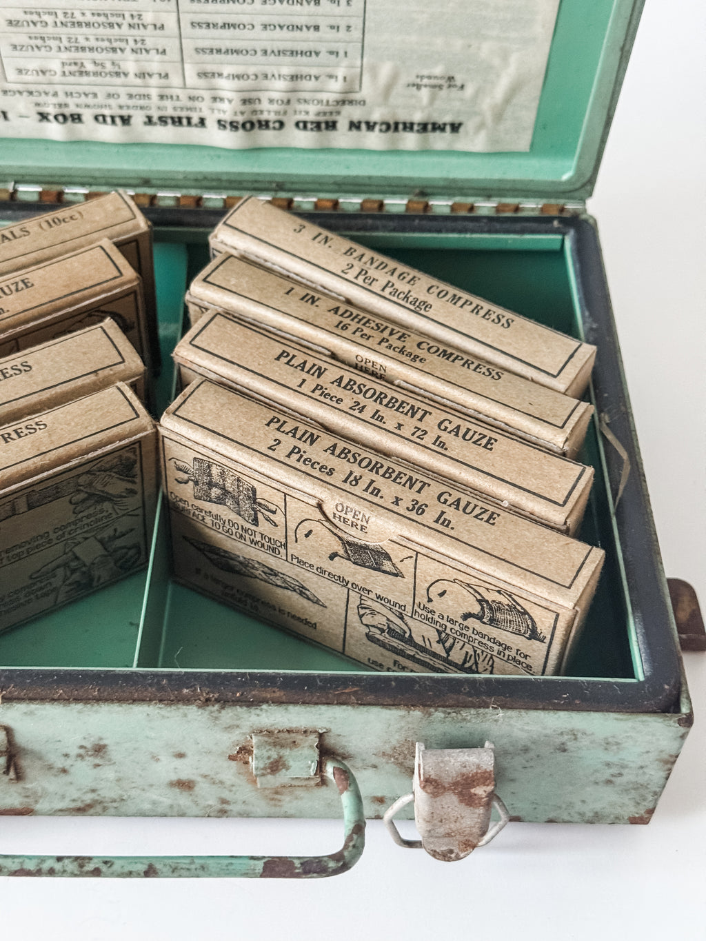 Vintage Metal Green and Red First Aid Kit