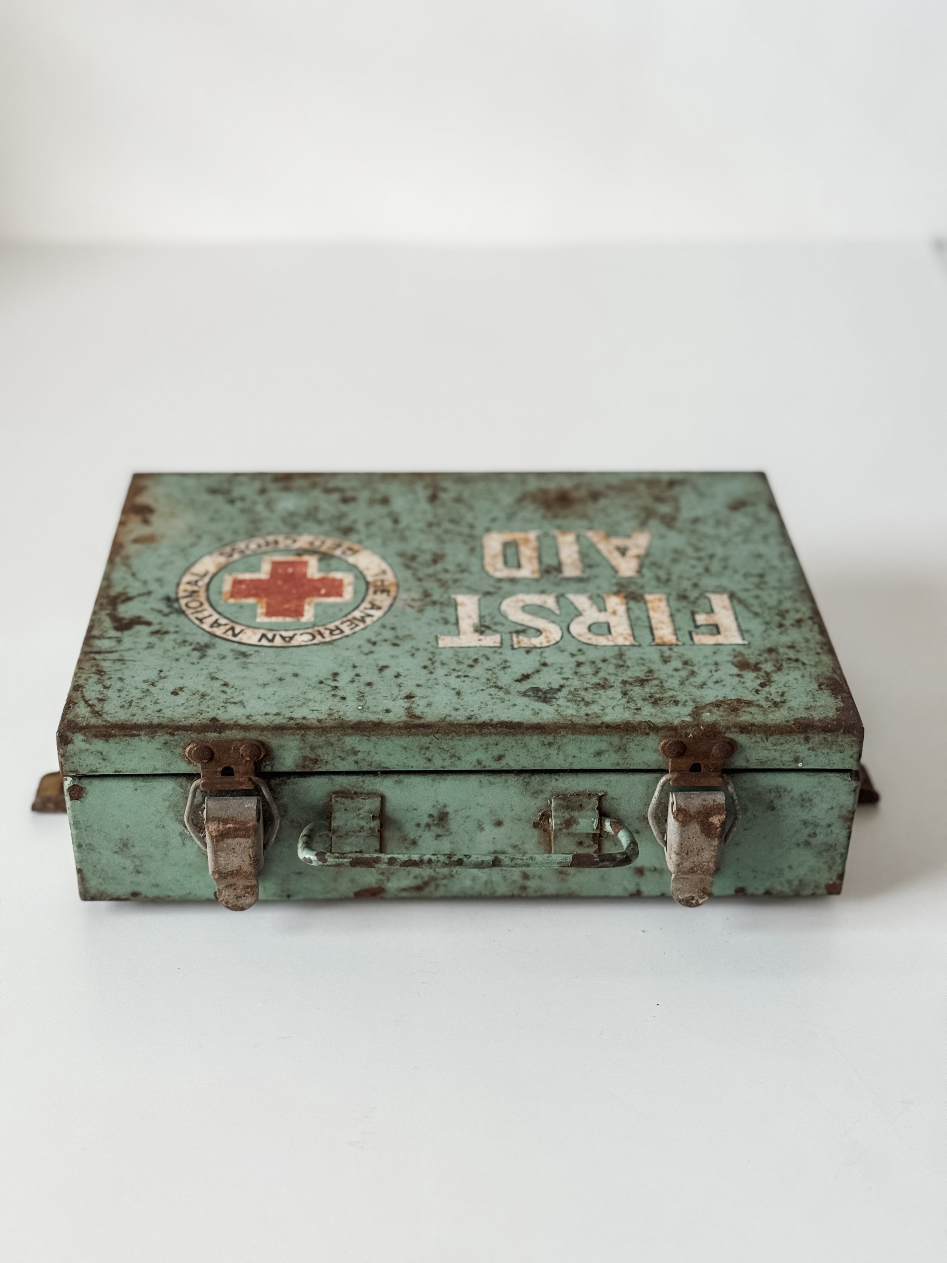 Vintage Metal Green and Red First Aid Kit