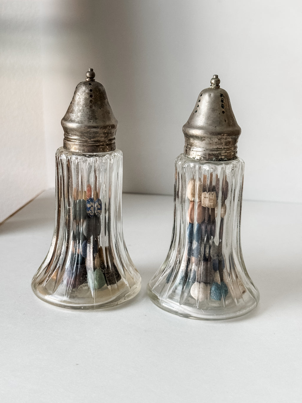 Vintage Glass Shaker With Silver Top And 30 Antique Clay Marbles