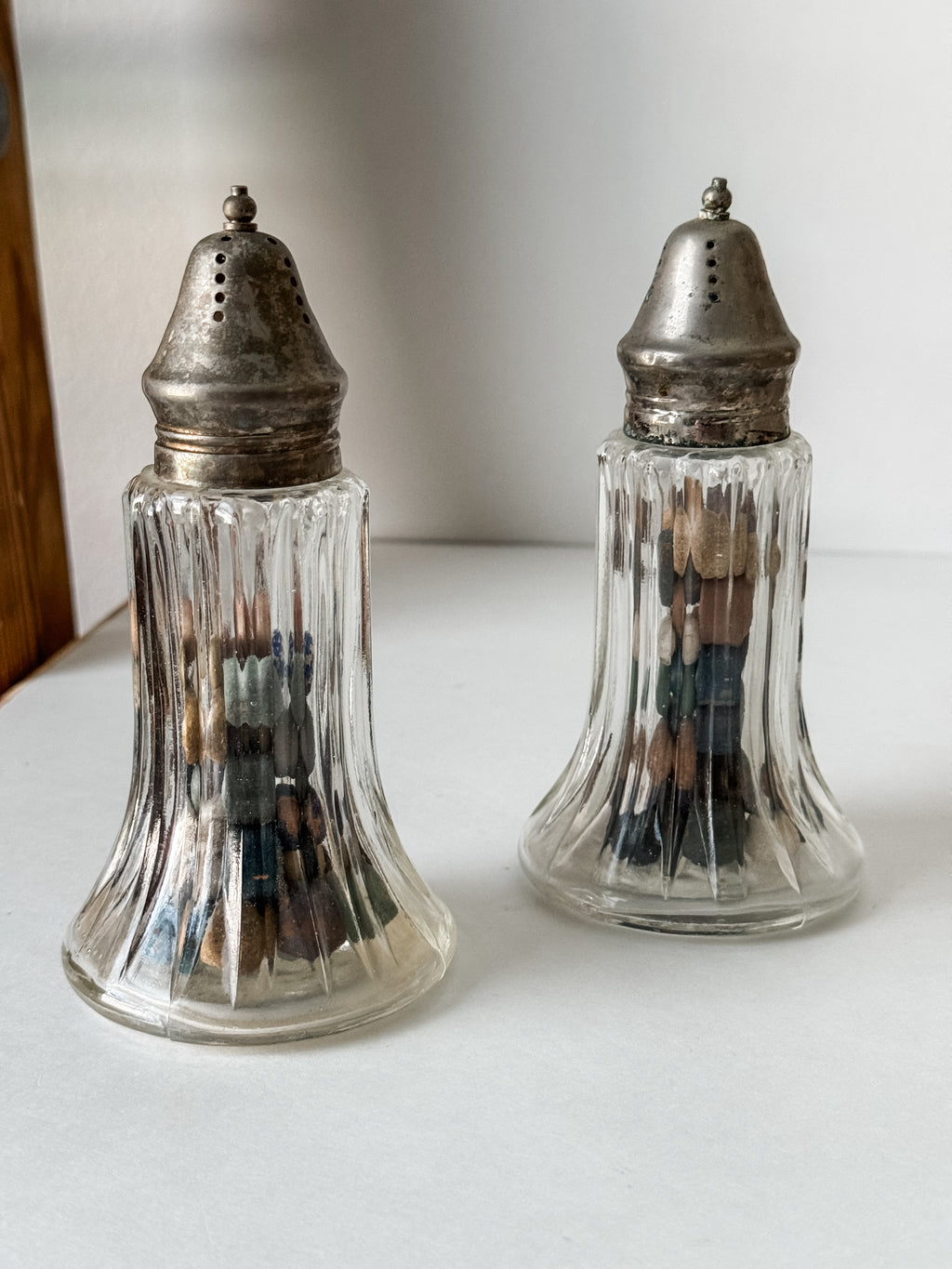 Vintage Glass Shaker With Silver Top And 30 Antique Clay Marbles