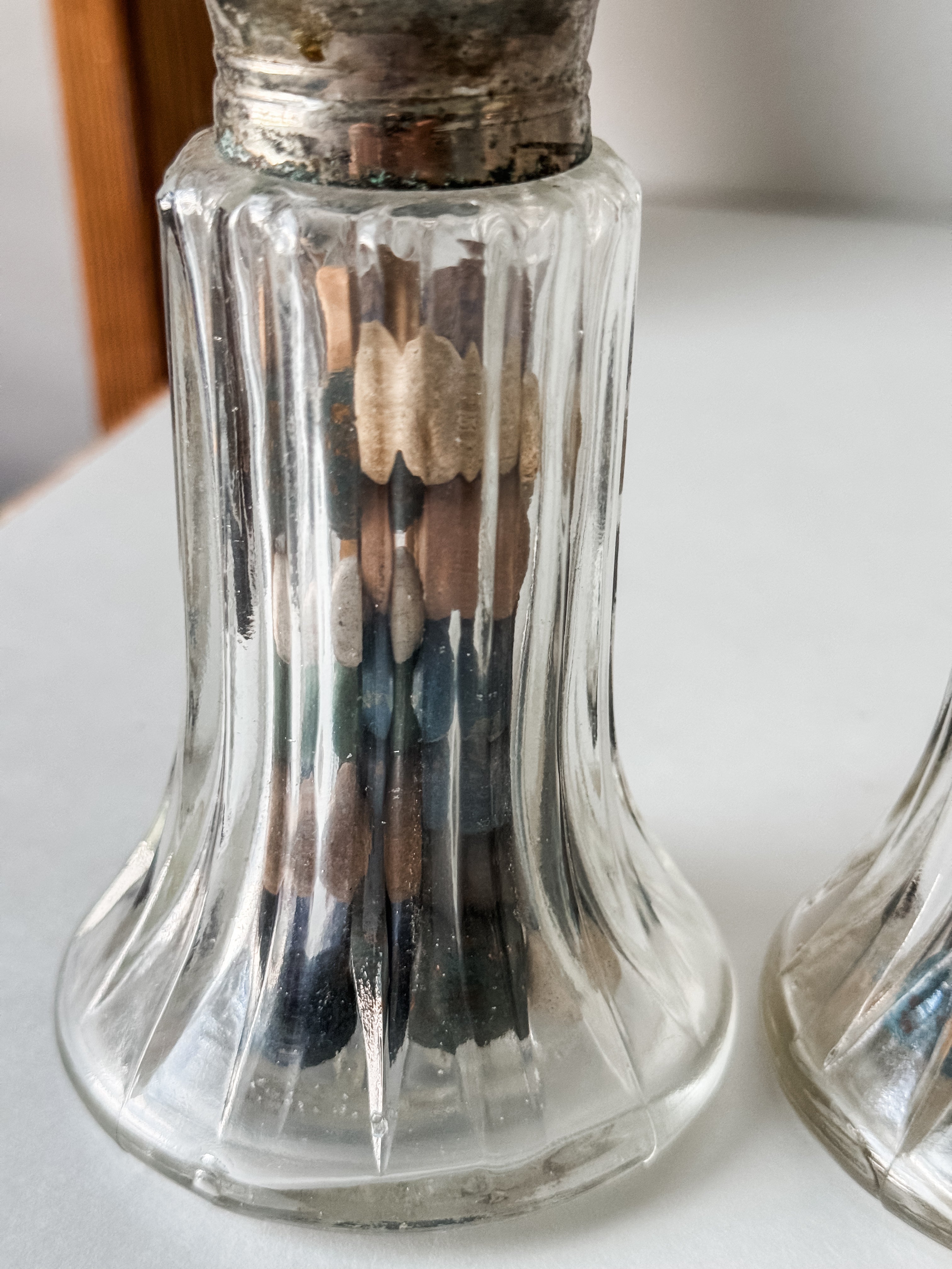 Vintage Glass Shaker With Silver Top And 30 Antique Clay Marbles