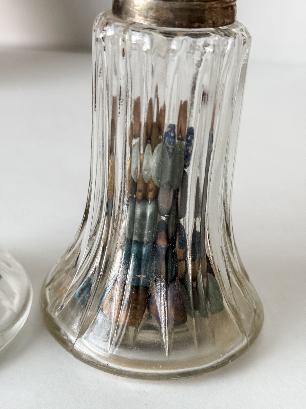 Vintage Glass Shaker With Silver Top And 30 Antique Clay Marbles