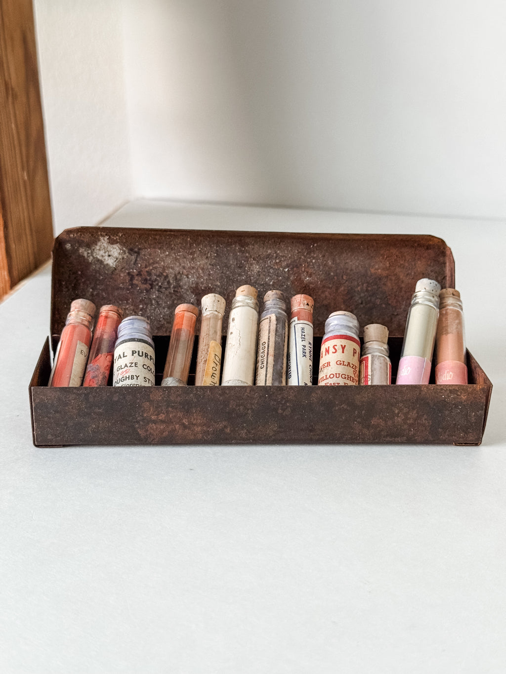 Vintage Rusty Metal Box With 12 Glass Vials Of Antique And Vintage Paint Powder Pigments