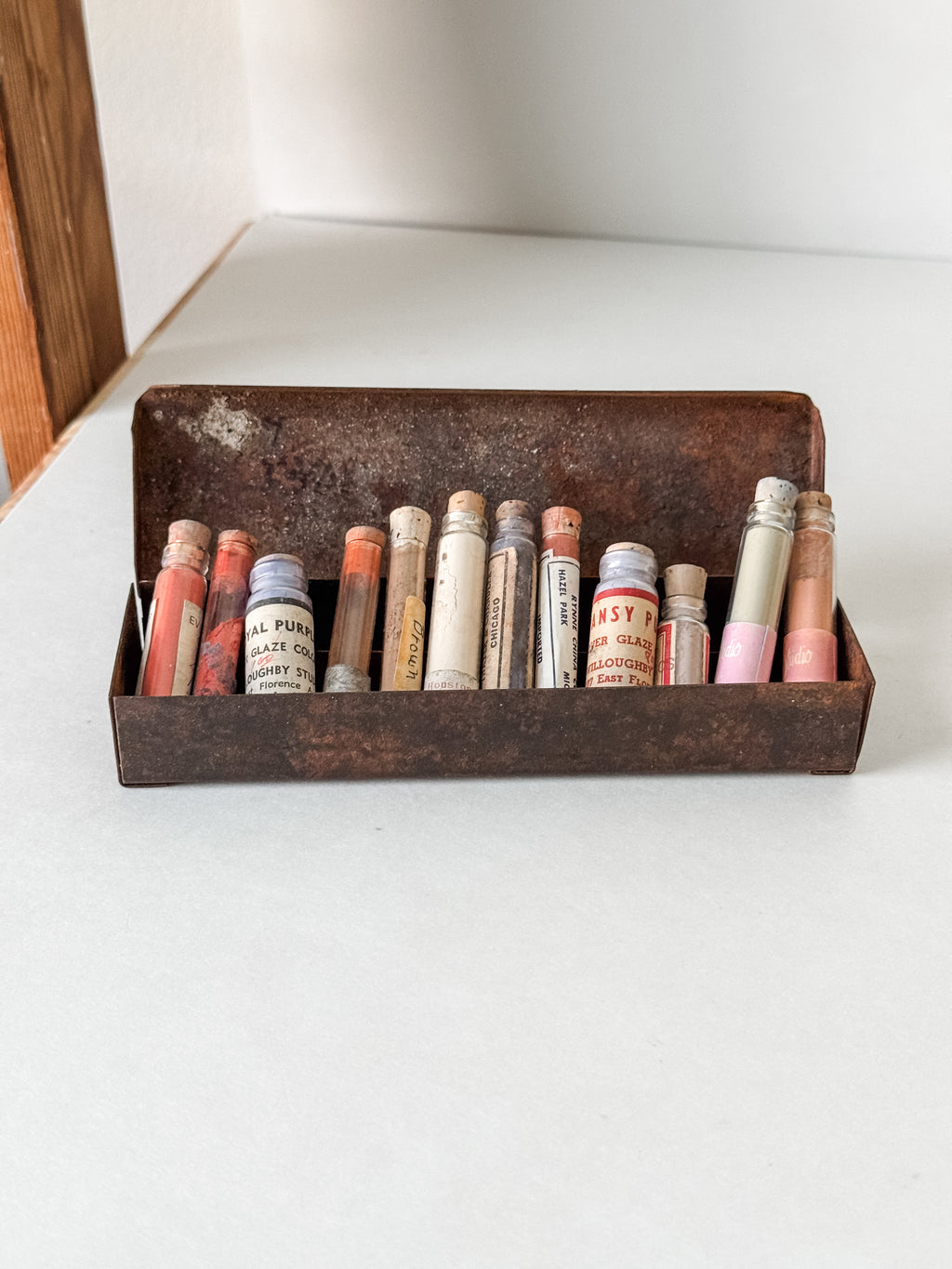 Vintage Rusty Metal Box With 12 Glass Vials Of Antique And Vintage Paint Powder Pigments