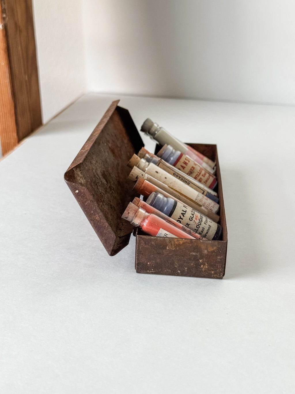 Vintage Rusty Metal Box With 12 Glass Vials Of Antique And Vintage Paint Powder Pigments
