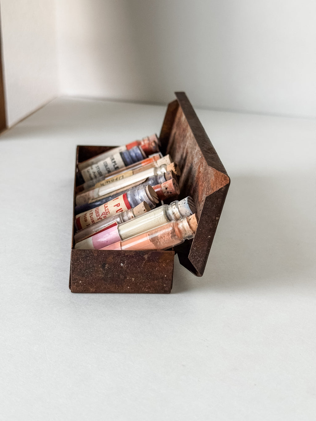 Vintage Rusty Metal Box With 12 Glass Vials Of Antique And Vintage Paint Powder Pigments