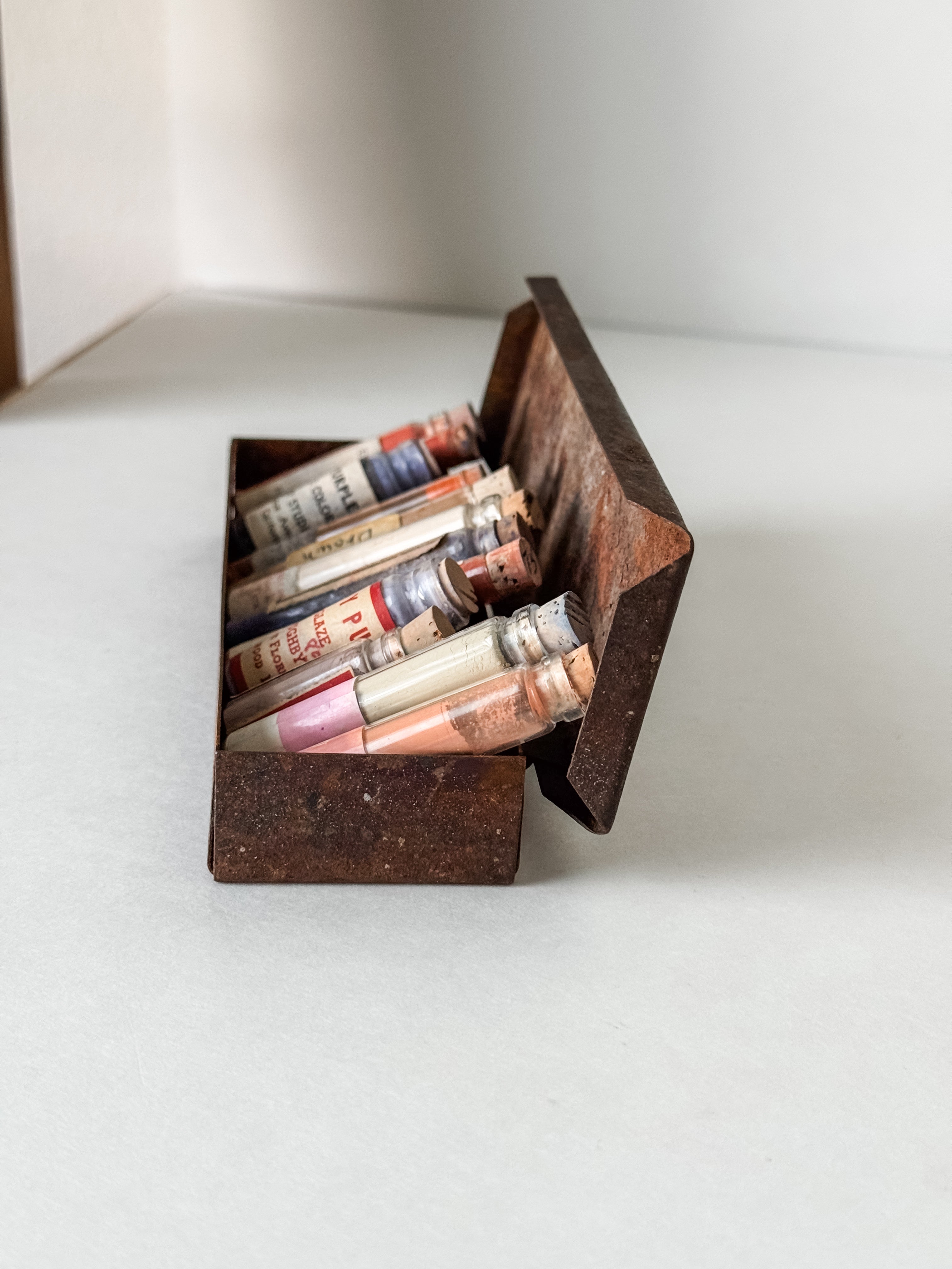 Vintage Rusty Metal Box With 12 Glass Vials Of Antique And Vintage Paint Powder Pigments