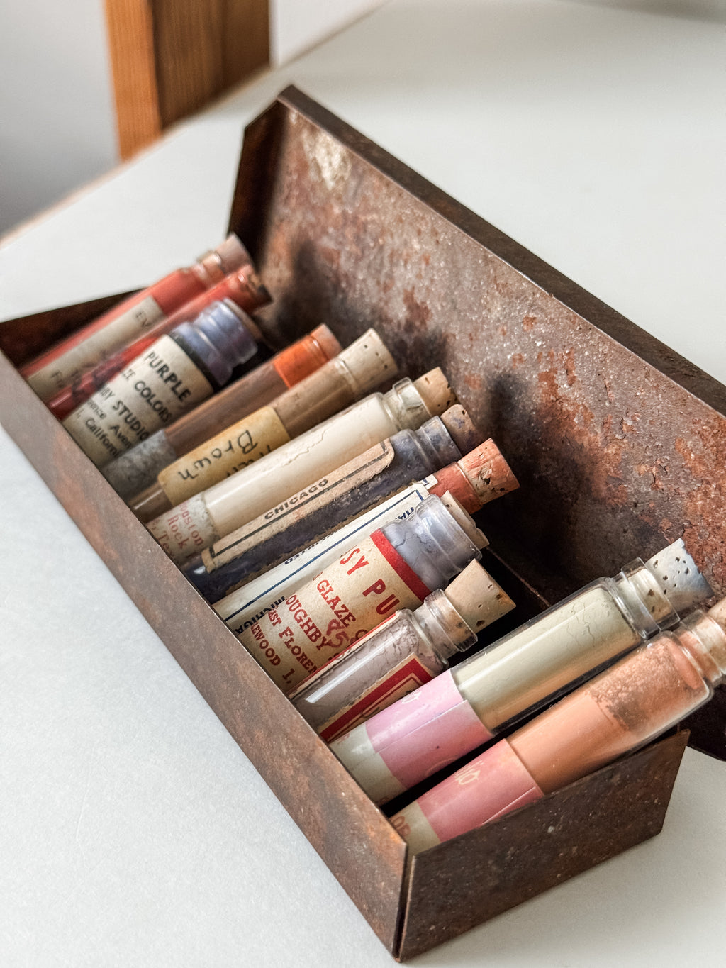 Vintage Rusty Metal Box With 12 Glass Vials Of Antique And Vintage Paint Powder Pigments