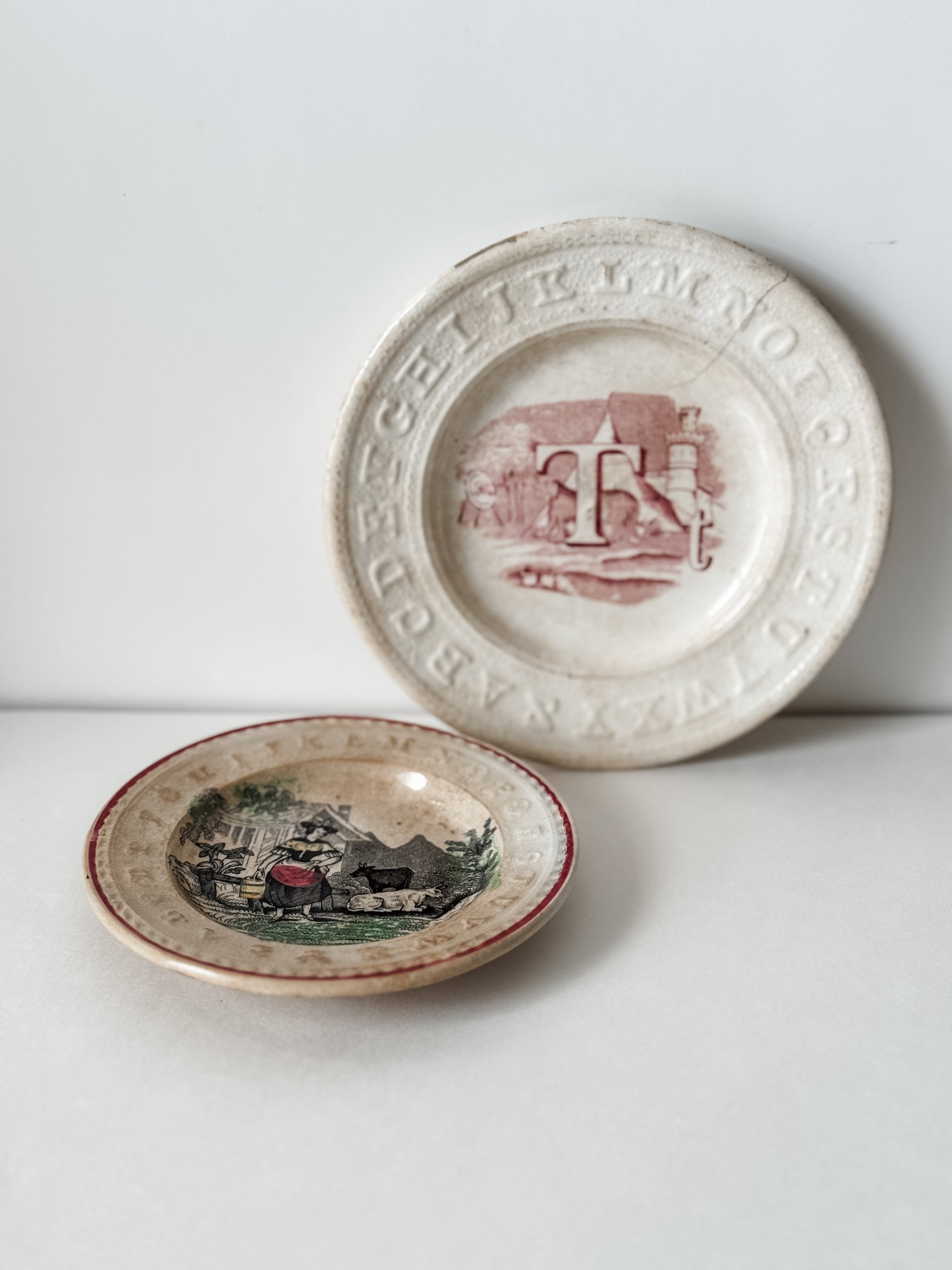 Antique Set Of Two Ironstone Child's Alphabet Plates