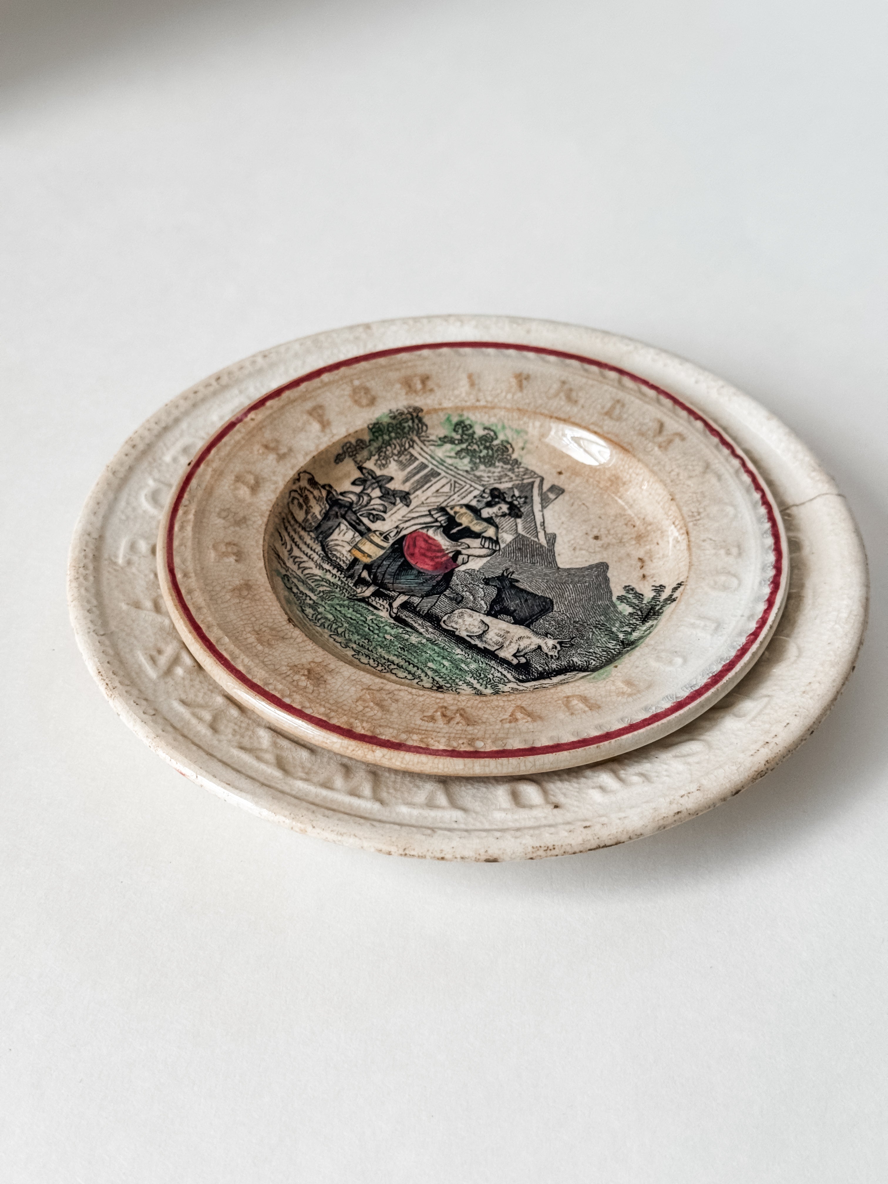 Antique Set Of Two Ironstone Child's Alphabet Plates