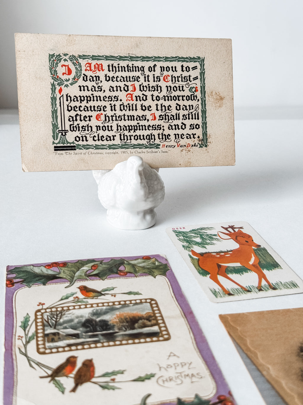 Vintage Christmas Card and Postcards With White Ceramic Turkey