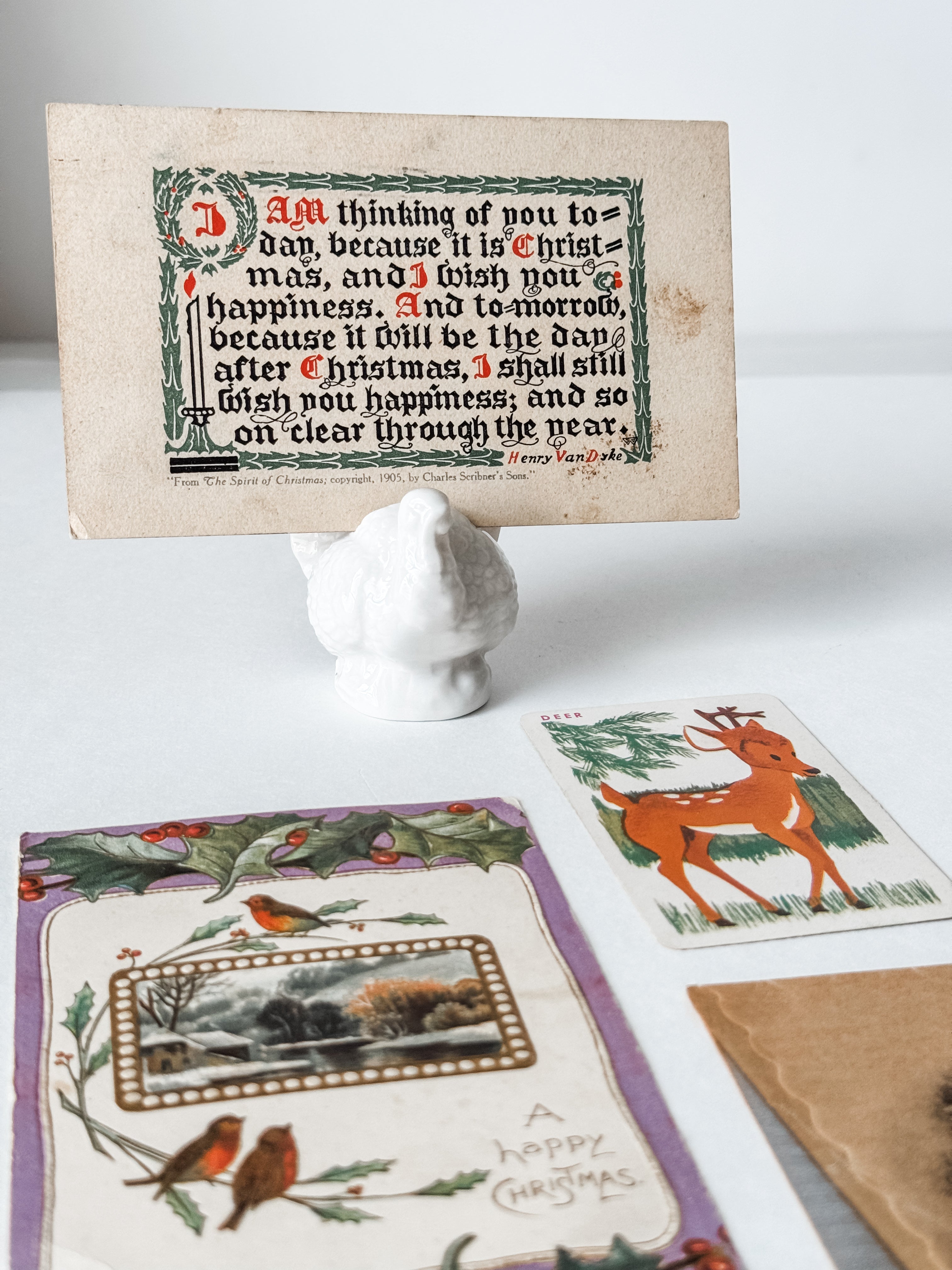 Vintage Christmas Card and Postcards With White Ceramic Turkey