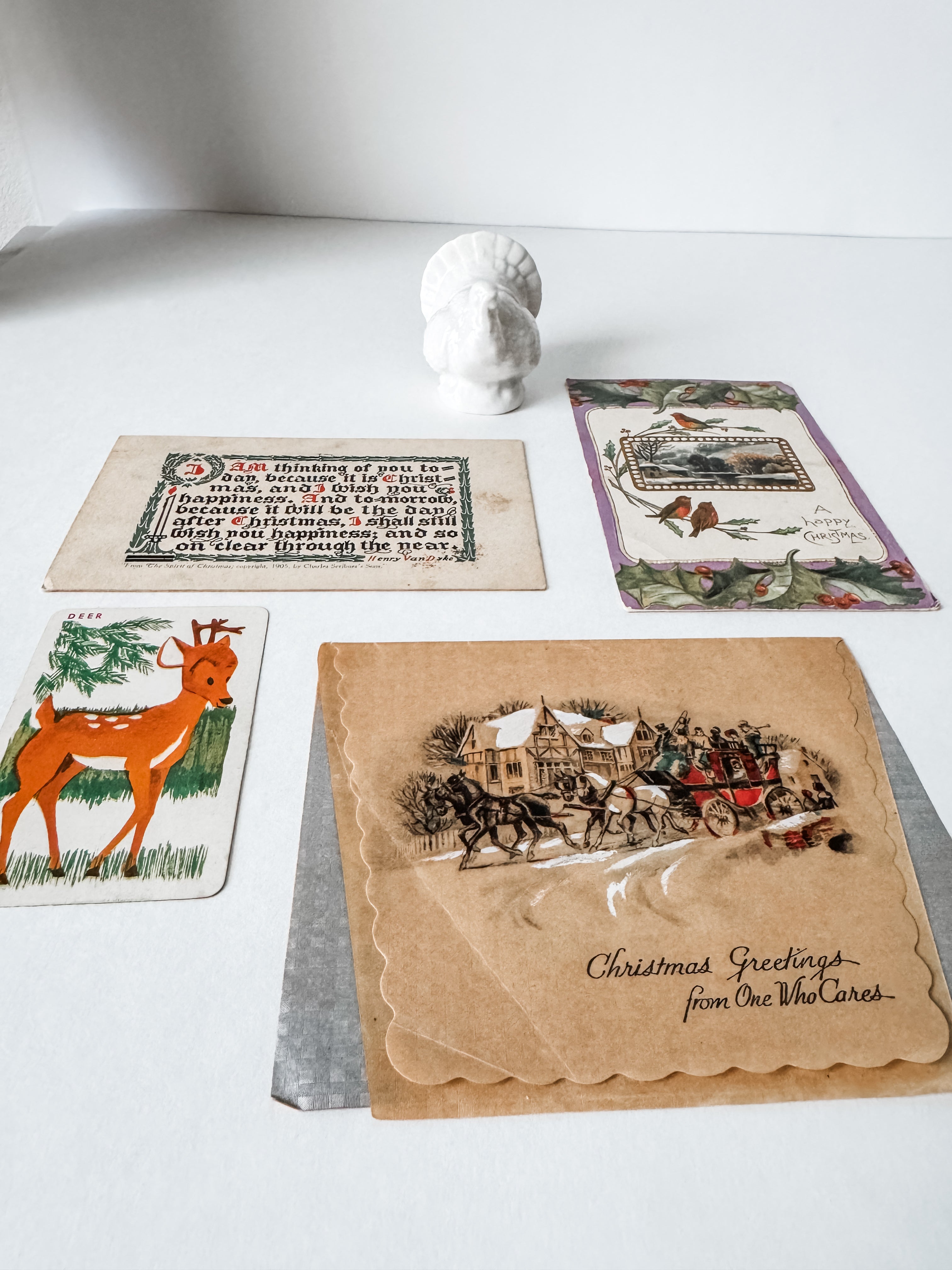 Vintage Christmas Card and Postcards With White Ceramic Turkey