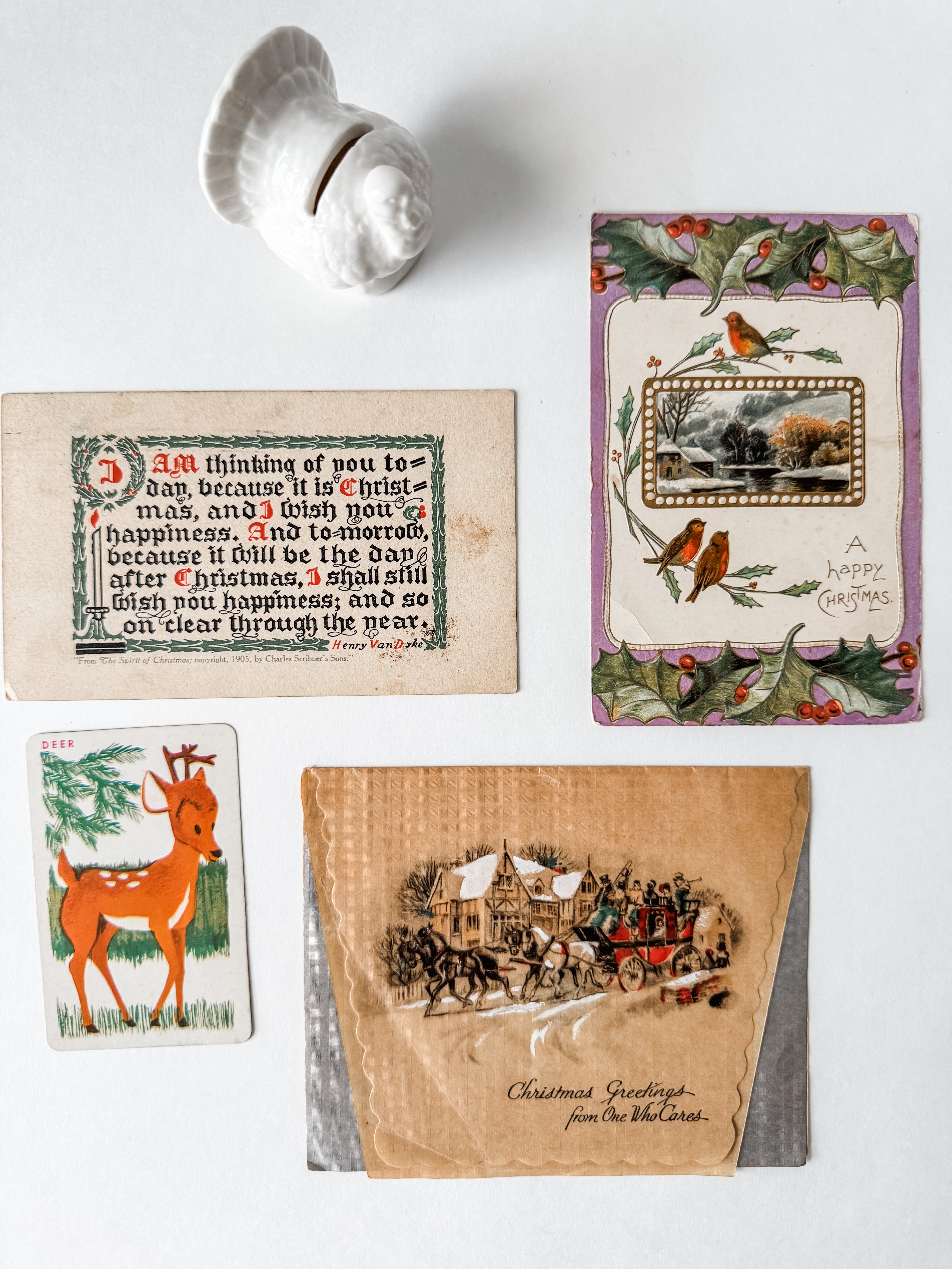 Vintage Christmas Card and Postcards With White Ceramic Turkey