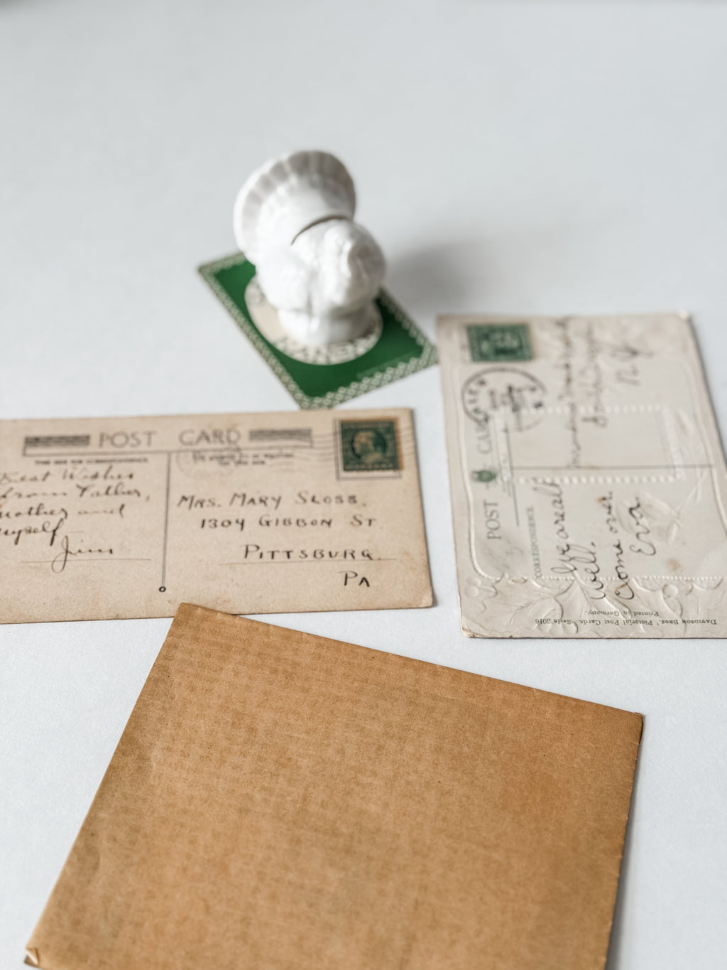 Vintage Christmas Card and Postcards With White Ceramic Turkey