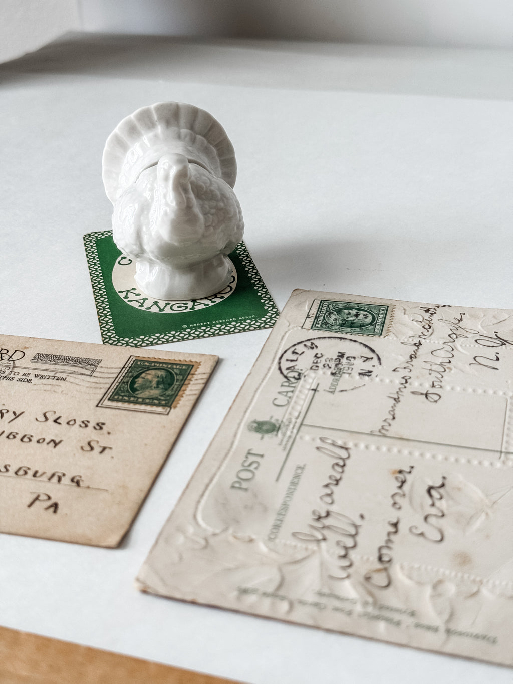 Vintage Christmas Card and Postcards With White Ceramic Turkey
