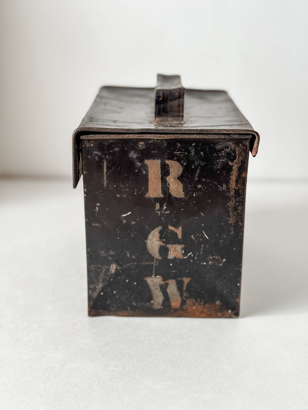 Antique Tin Black Lunchbox With Stenciled Initials
