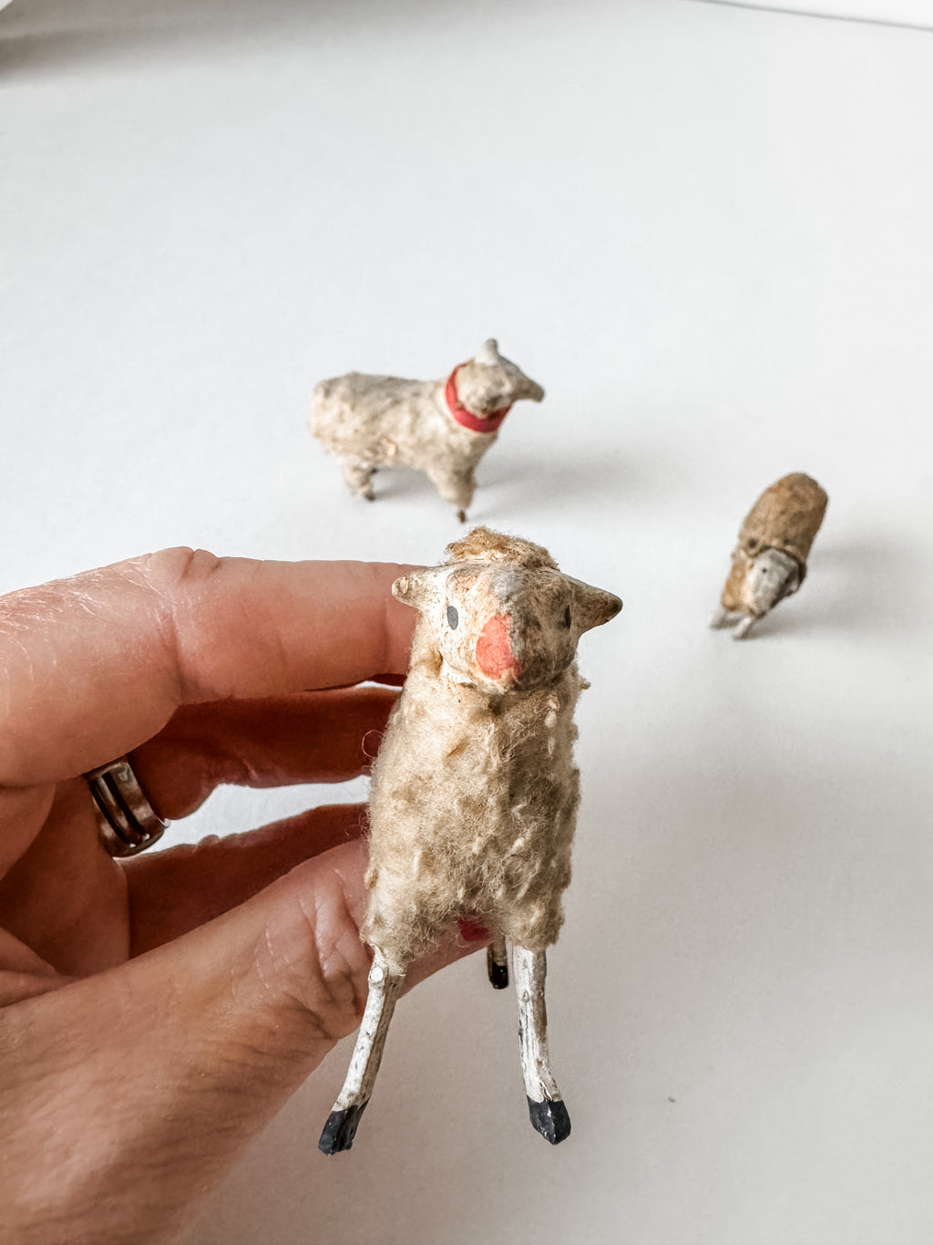Set Of Three Antique Putz Sheep