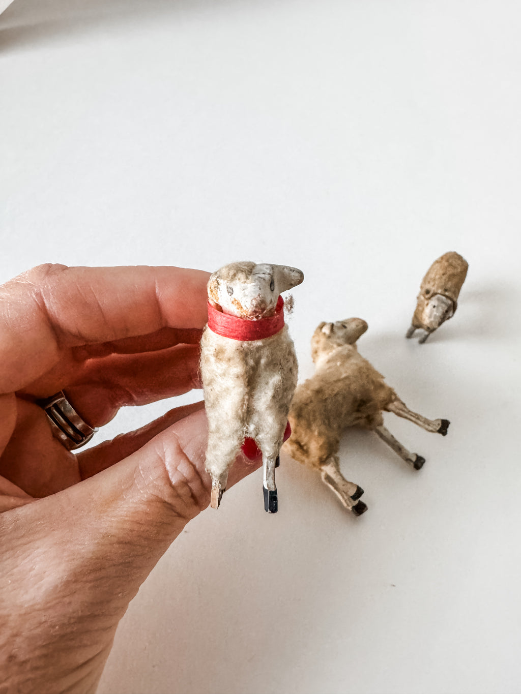 Set Of Three Antique Putz Sheep