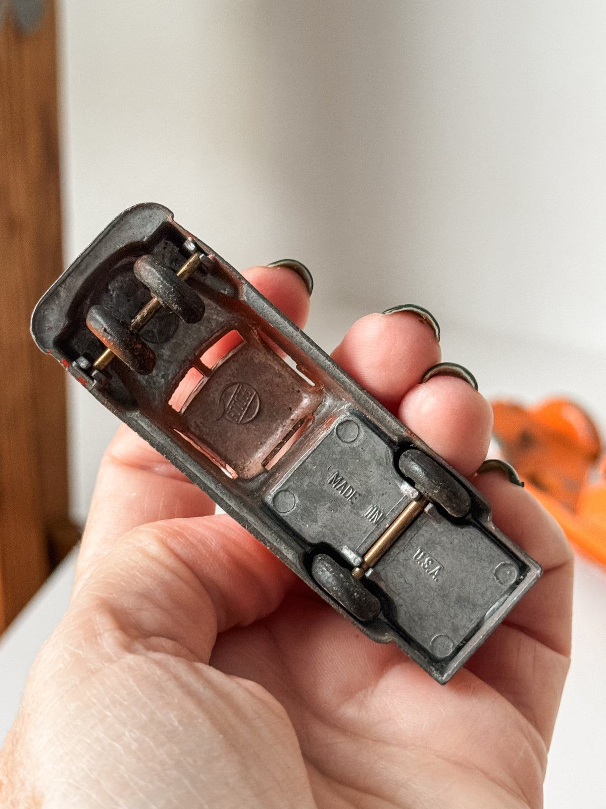 Pair Of Vintage Metal Chippy Orange Toy Trucks
